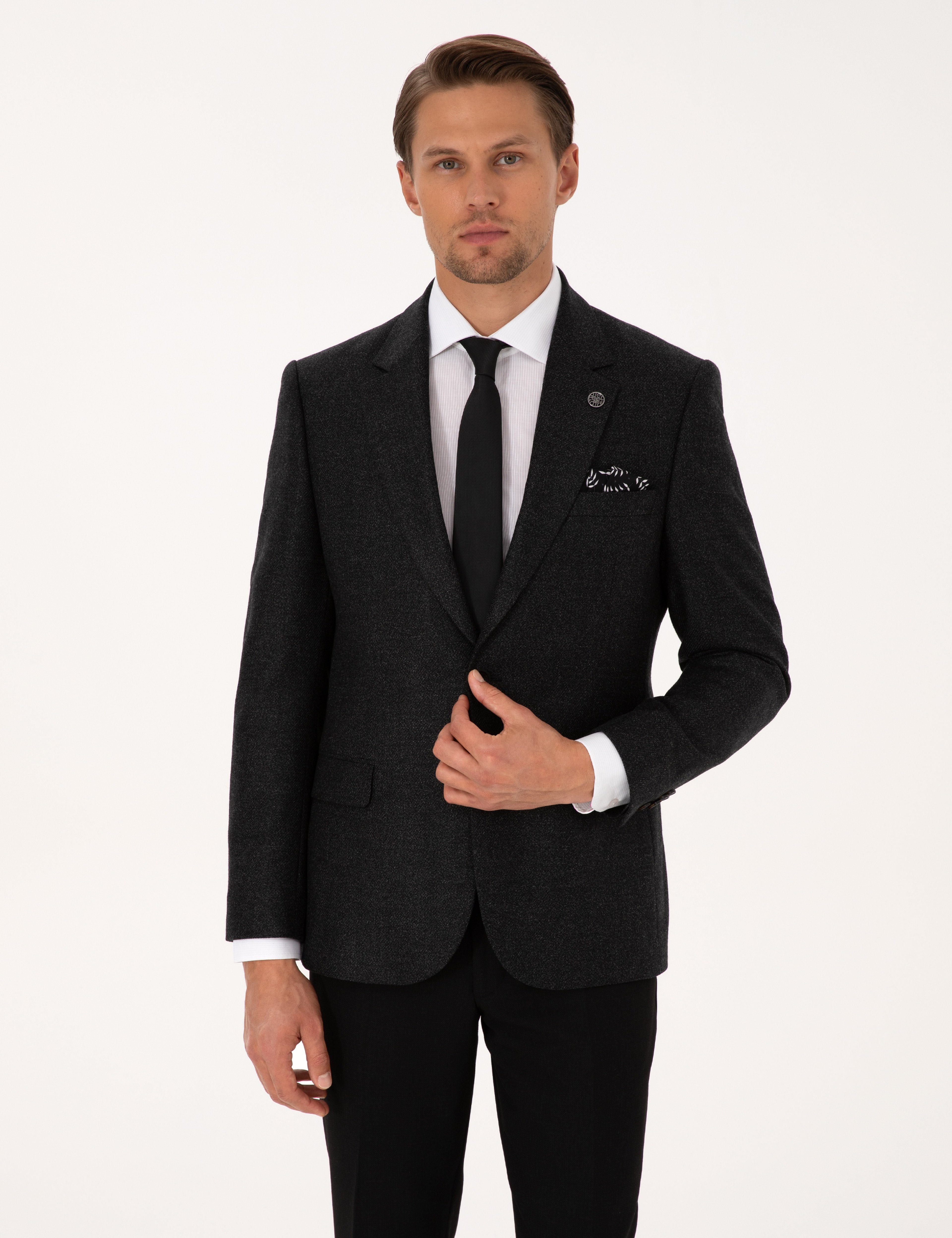 Antrasit Slim Fit Yün İpek Karışımlı Ceket