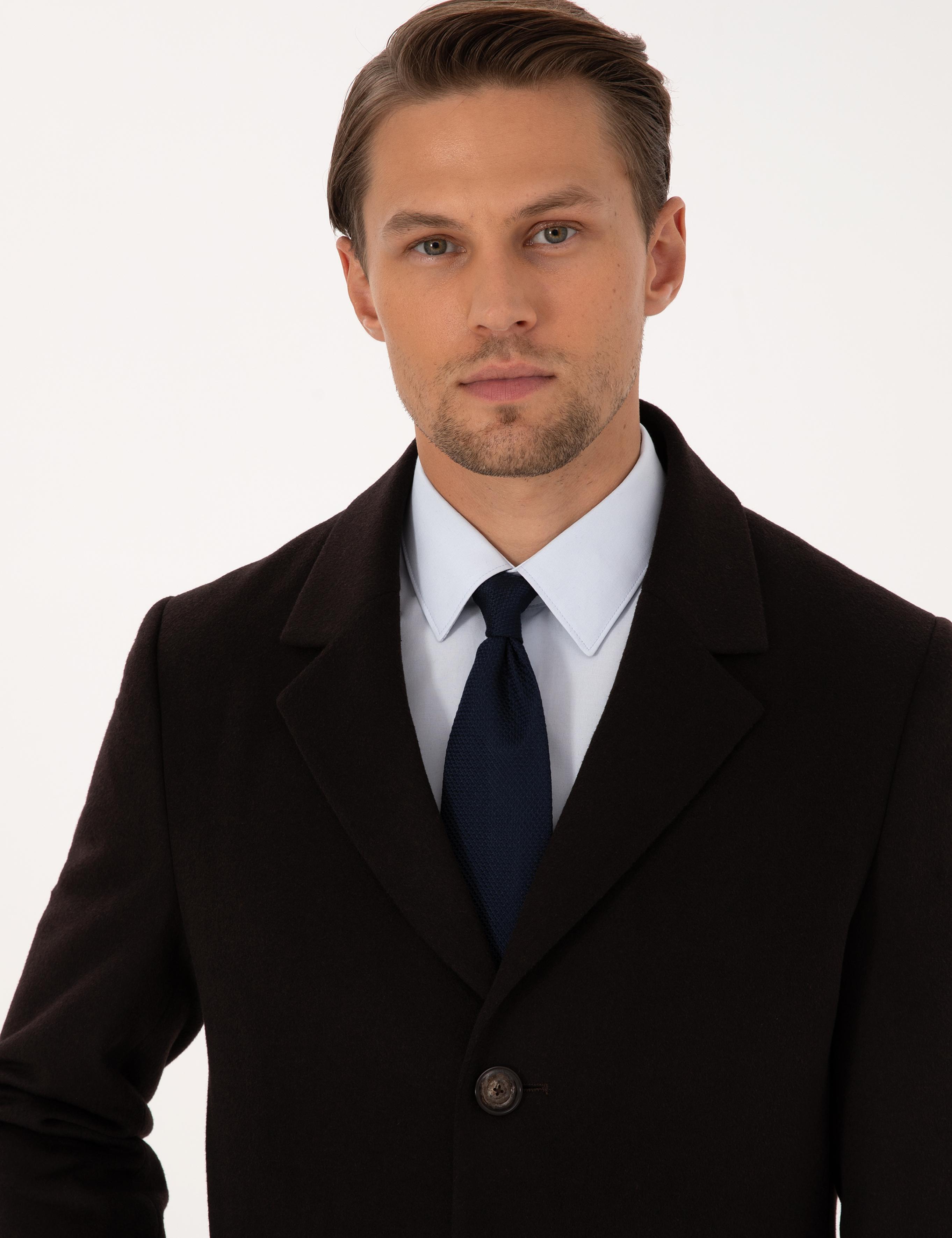 Kahverengi Ex. Slim Fit Yün Karışımlı Kaşe Kaban