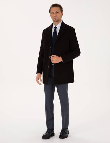 Kahverengi Ex. Slim Fit Yün Karışımlı Kaşe Kaban