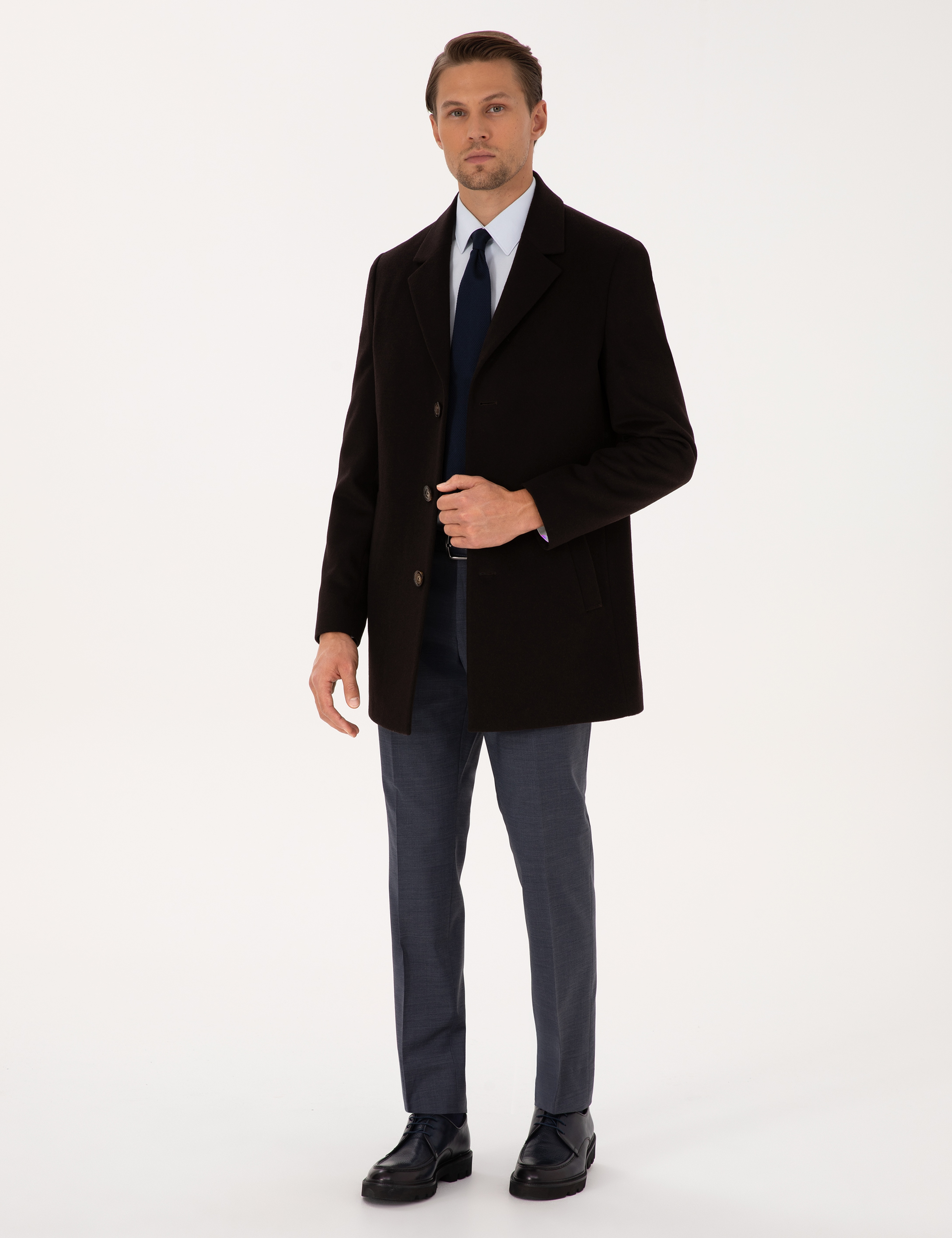 Kahverengi Ex. Slim Fit Yün Karışımlı Kaşe Kaban