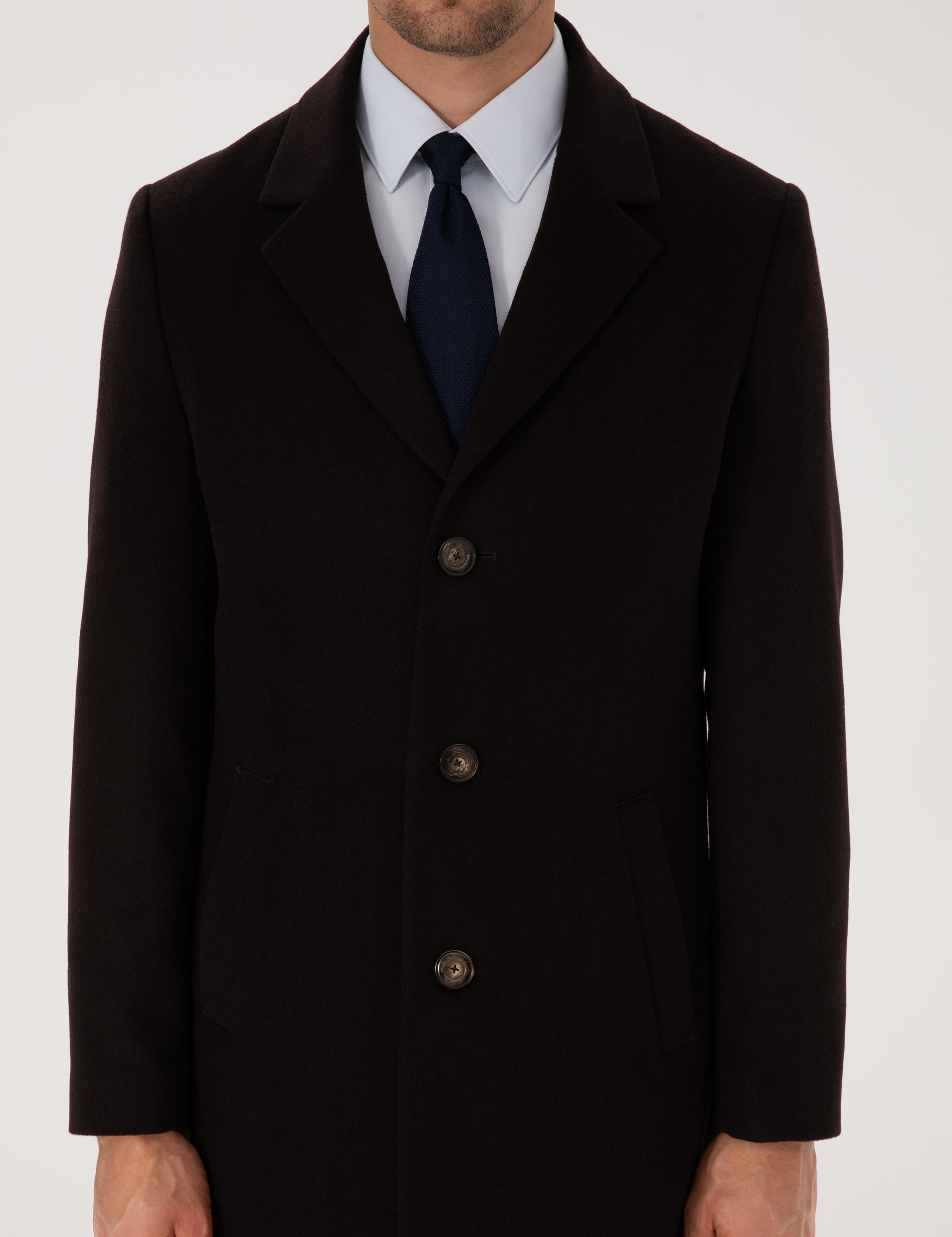 Kahverengi Ex. Slim Fit Yün Karışımlı Kaşe Kaban