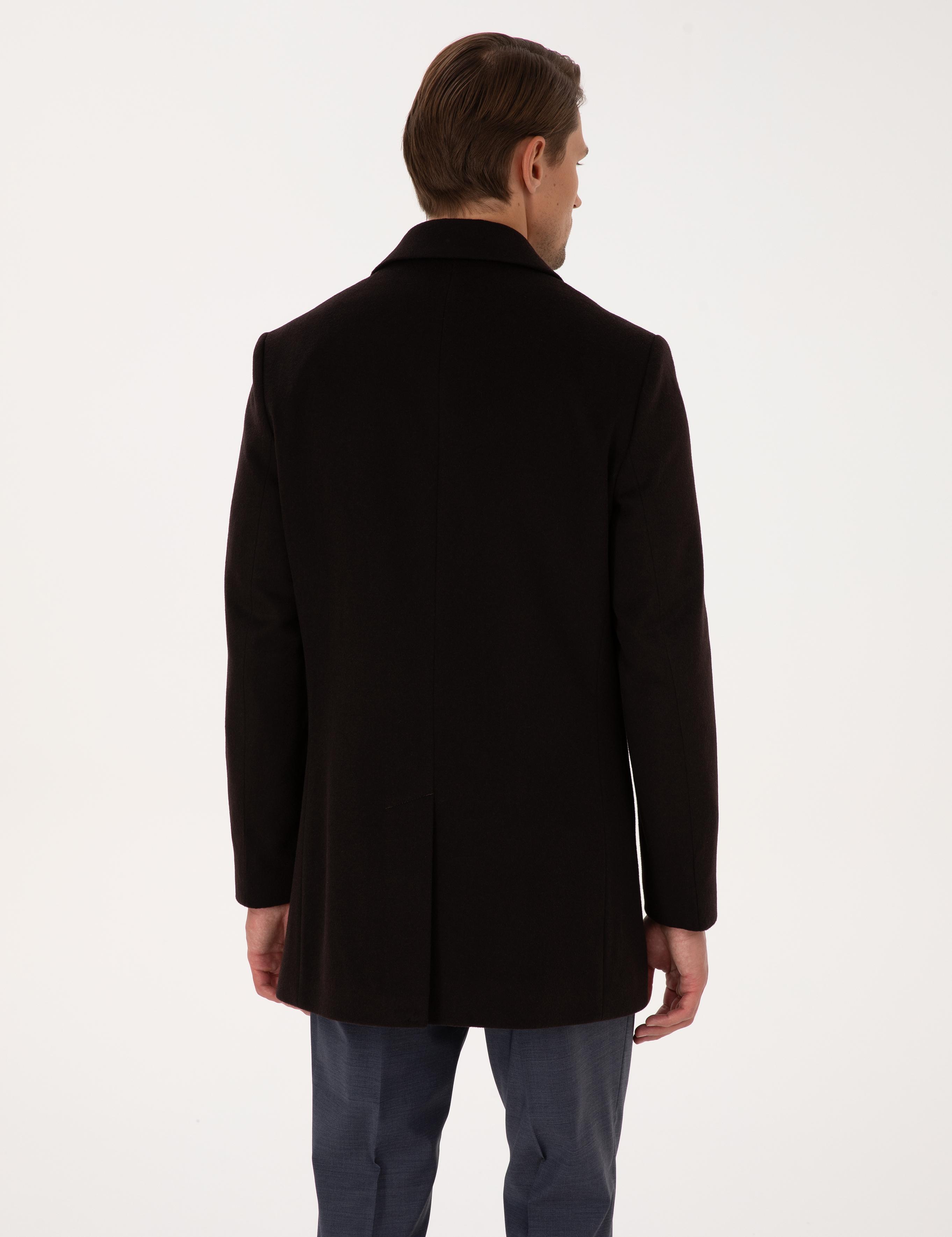 Kahverengi Ex. Slim Fit Yün Karışımlı Kaşe Kaban