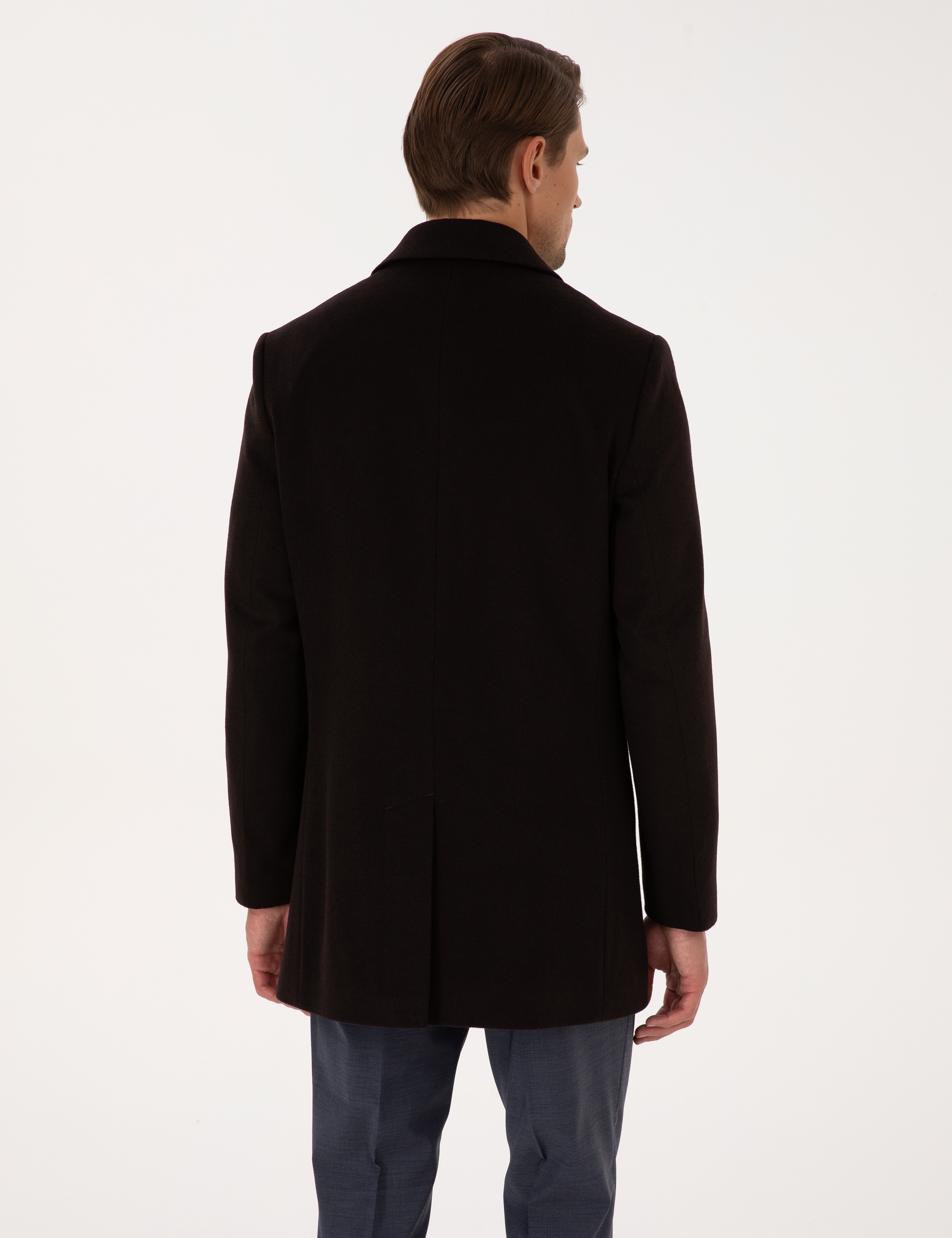Kahverengi Ex. Slim Fit Yün Karışımlı Kaşe Kaban