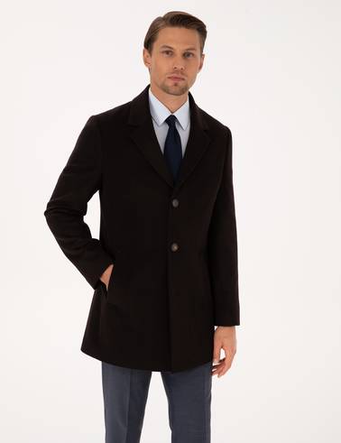 Kahverengi Ex. Slim Fit Yün Karışımlı Kaşe Kaban