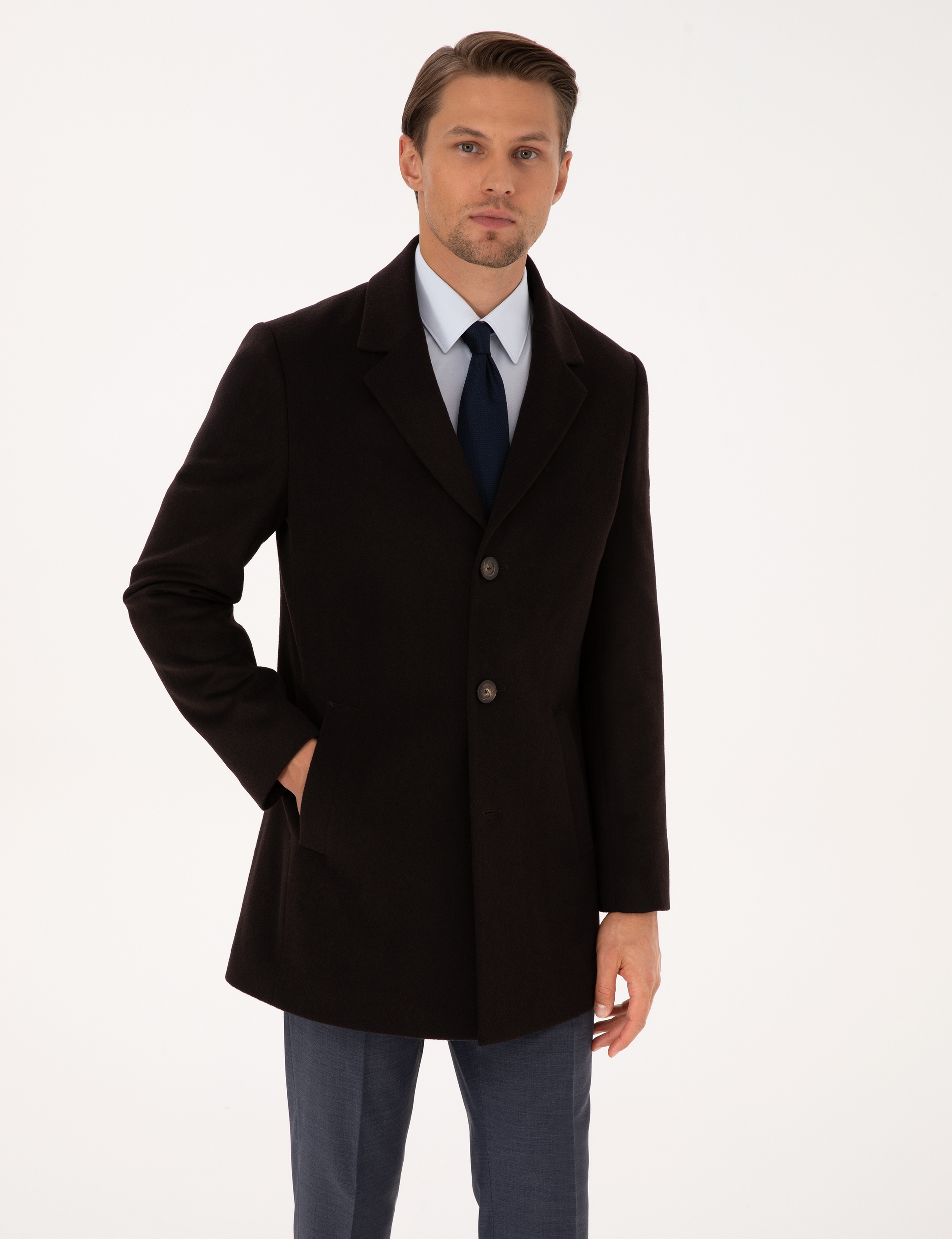 Kahverengi Ex. Slim Fit Yün Karışımlı Kaşe Kaban