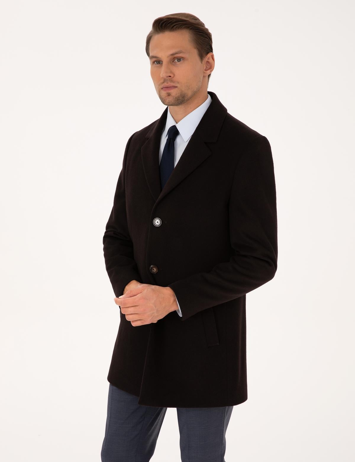 Kahverengi Ex. Slim Fit Yün Karışımlı Kaşe Kaban - 50314200062