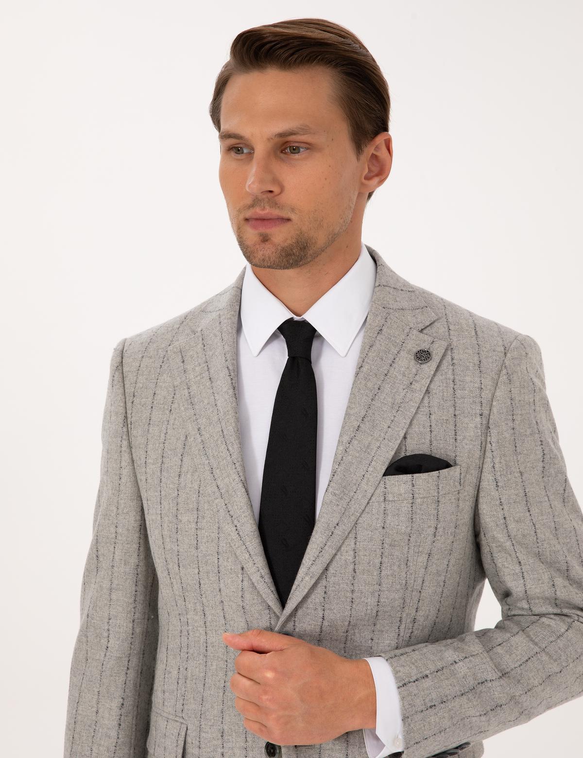 Gri Slim Fit Yün Kaşmir Karışımlı Çizgili Takım Elbise - 50311251014