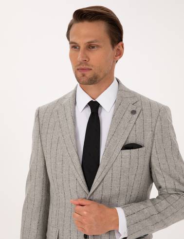 Gri Slim Fit Yün Kaşmir Karışımlı Çizgili Takım Elbise
