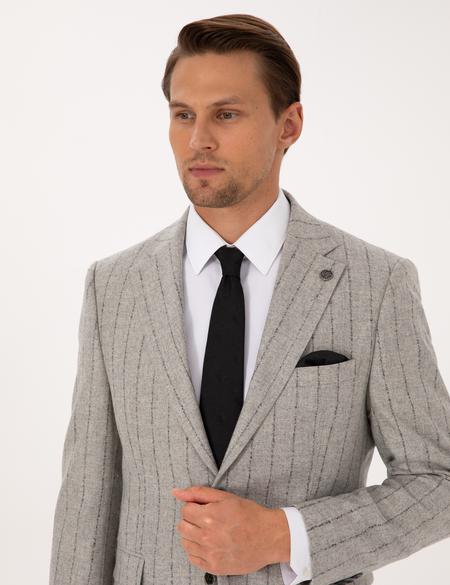Gri Slim Fit Yün Kaşmir Karışımlı Çizgili Takım Elbise - 50311251014