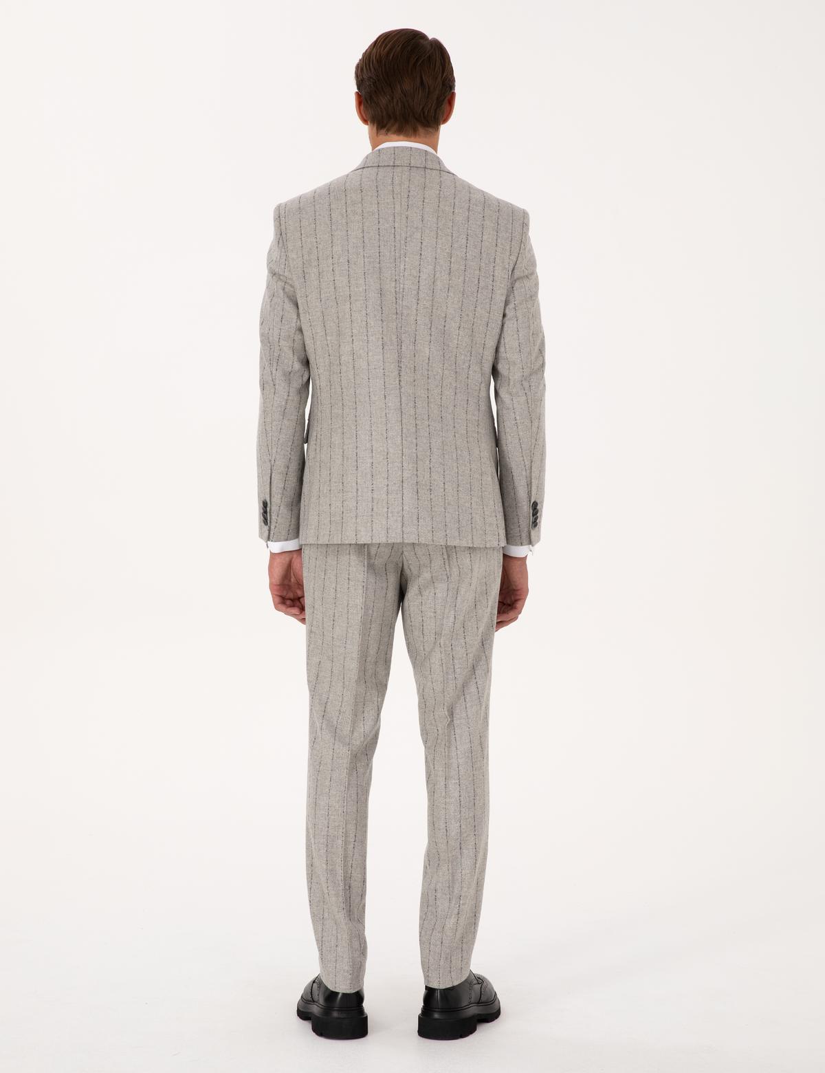 Gri Slim Fit Yün Kaşmir Karışımlı Çizgili Takım Elbise - 50311251014