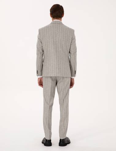 Gri Slim Fit Yün Kaşmir Karışımlı Çizgili Takım Elbise