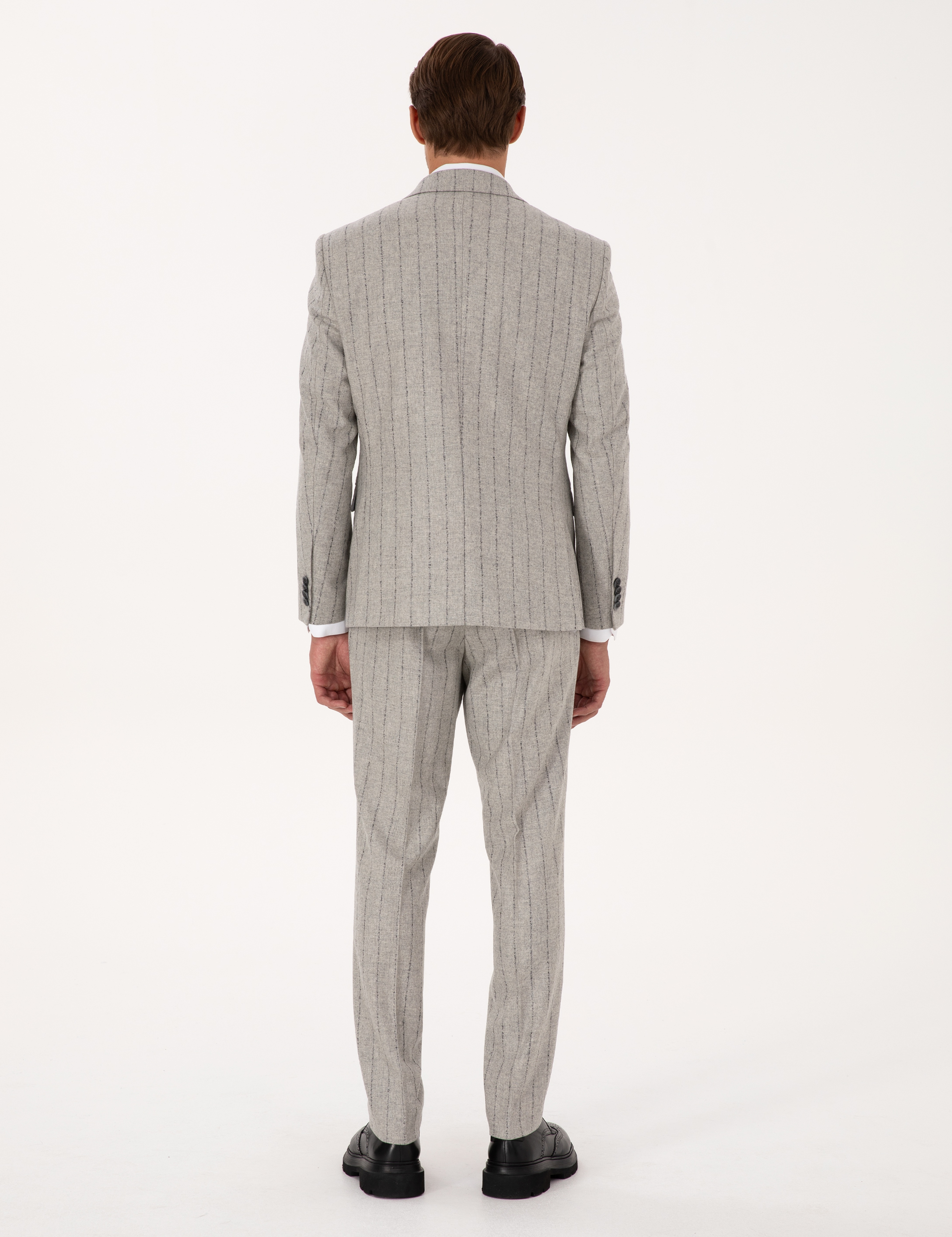 Gri Slim Fit Yün Kaşmir Karışımlı Çizgili Takım Elbise - Image 5