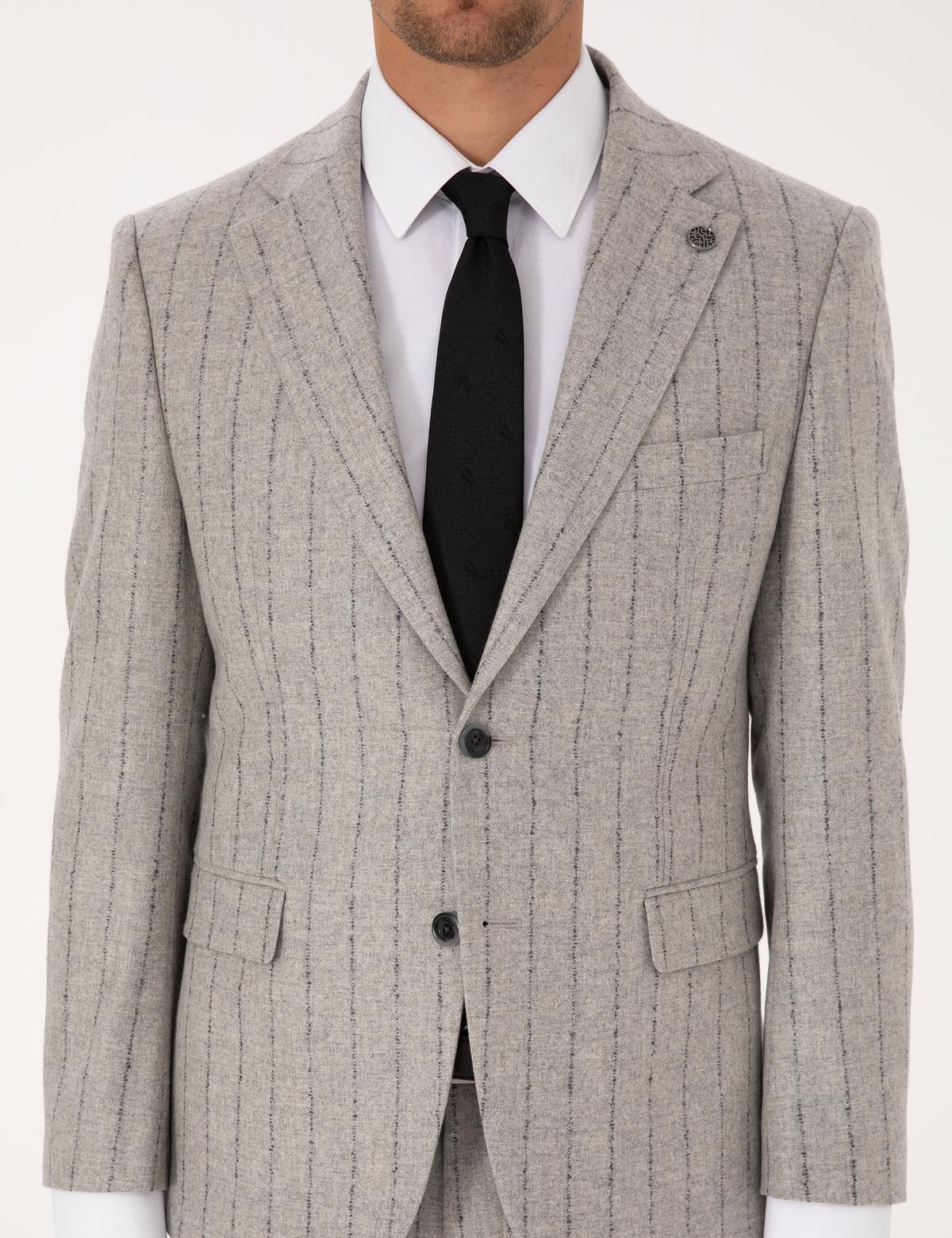 Gri Slim Fit Yün Kaşmir Karışımlı Çizgili Takım Elbise - 50311251014