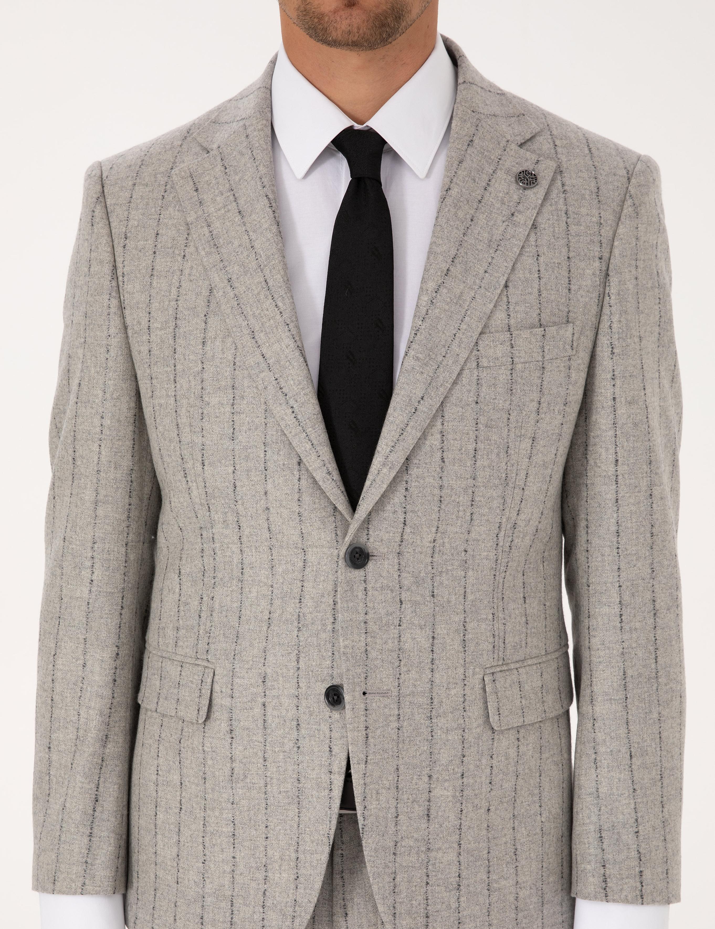 Gri Slim Fit Yün Kaşmir Karışımlı Çizgili Takım Elbise