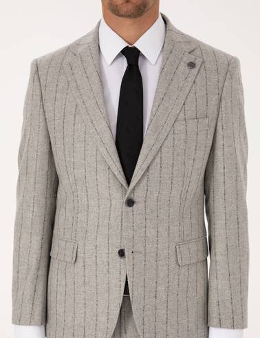 Gri Slim Fit Yün Kaşmir Karışımlı Çizgili Takım Elbise