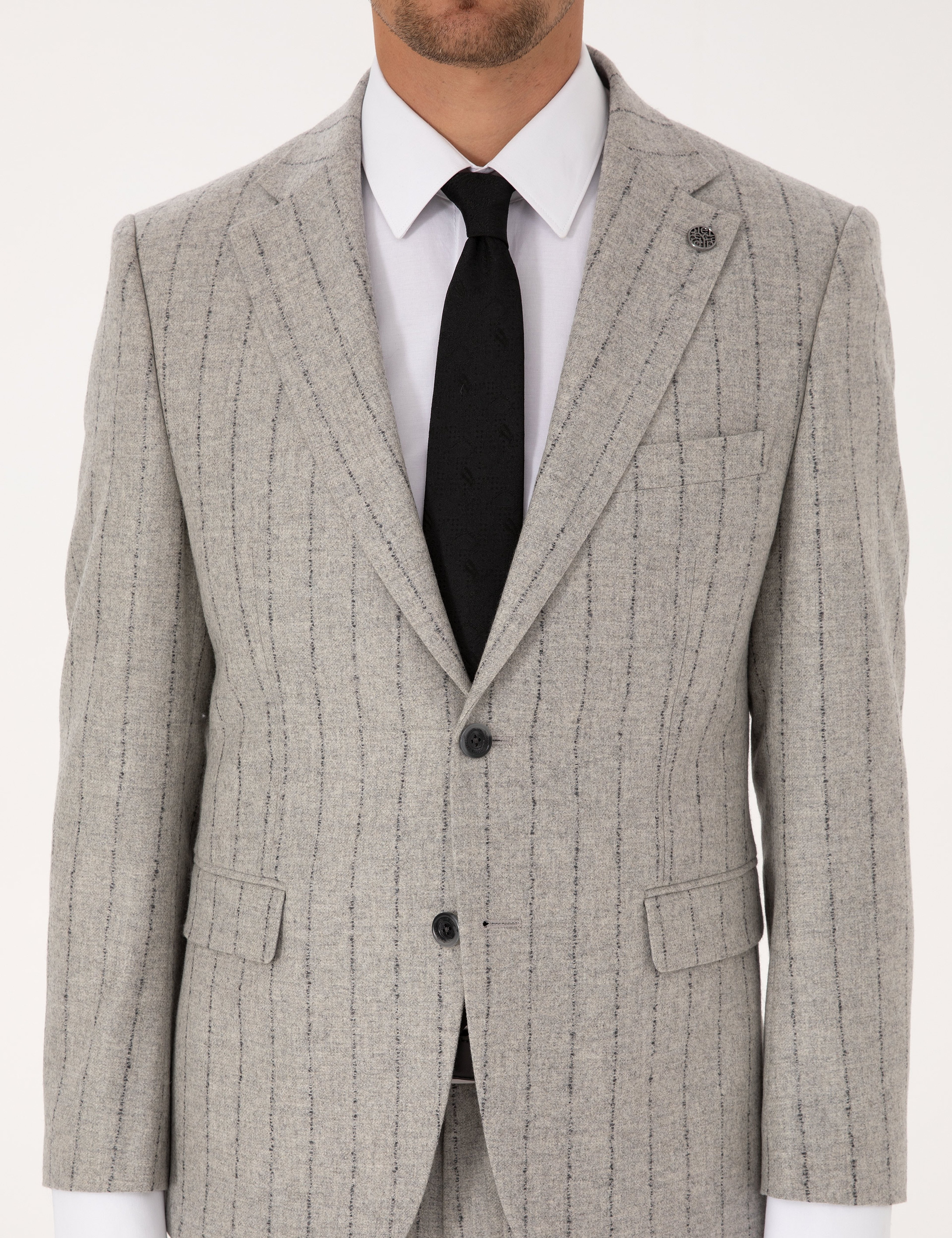 Gri Slim Fit Yün Kaşmir Karışımlı Çizgili Takım Elbise