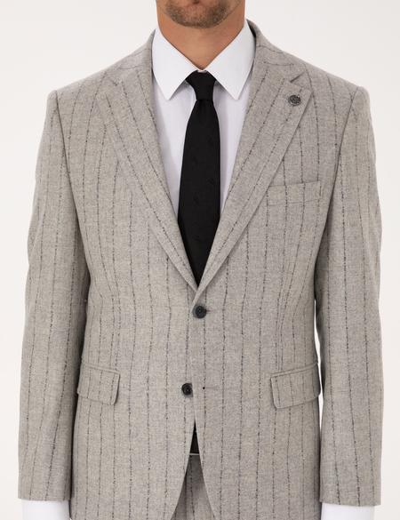 Gri Slim Fit Yün Kaşmir Karışımlı Çizgili Takım Elbise - 50311251014