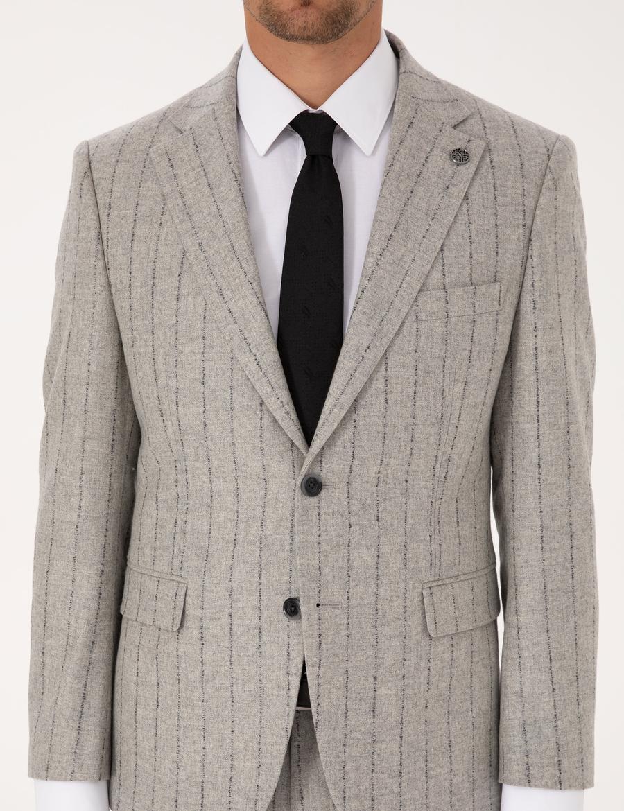 Gri Slim Fit Yün Kaşmir Karışımlı Çizgili Takım Elbise