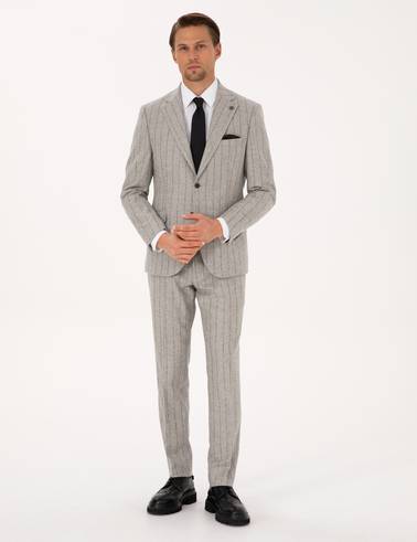 Gri Slim Fit Yün Kaşmir Karışımlı Çizgili Takım Elbise