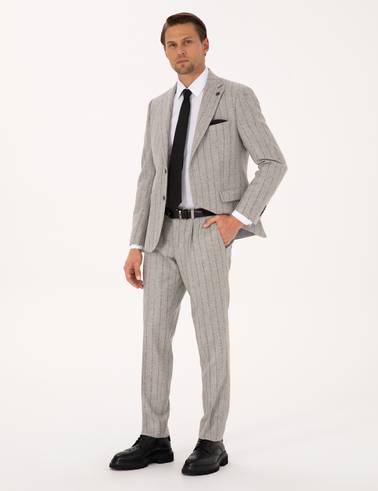Gri Slim Fit Yün Kaşmir Karışımlı Çizgili Takım Elbise