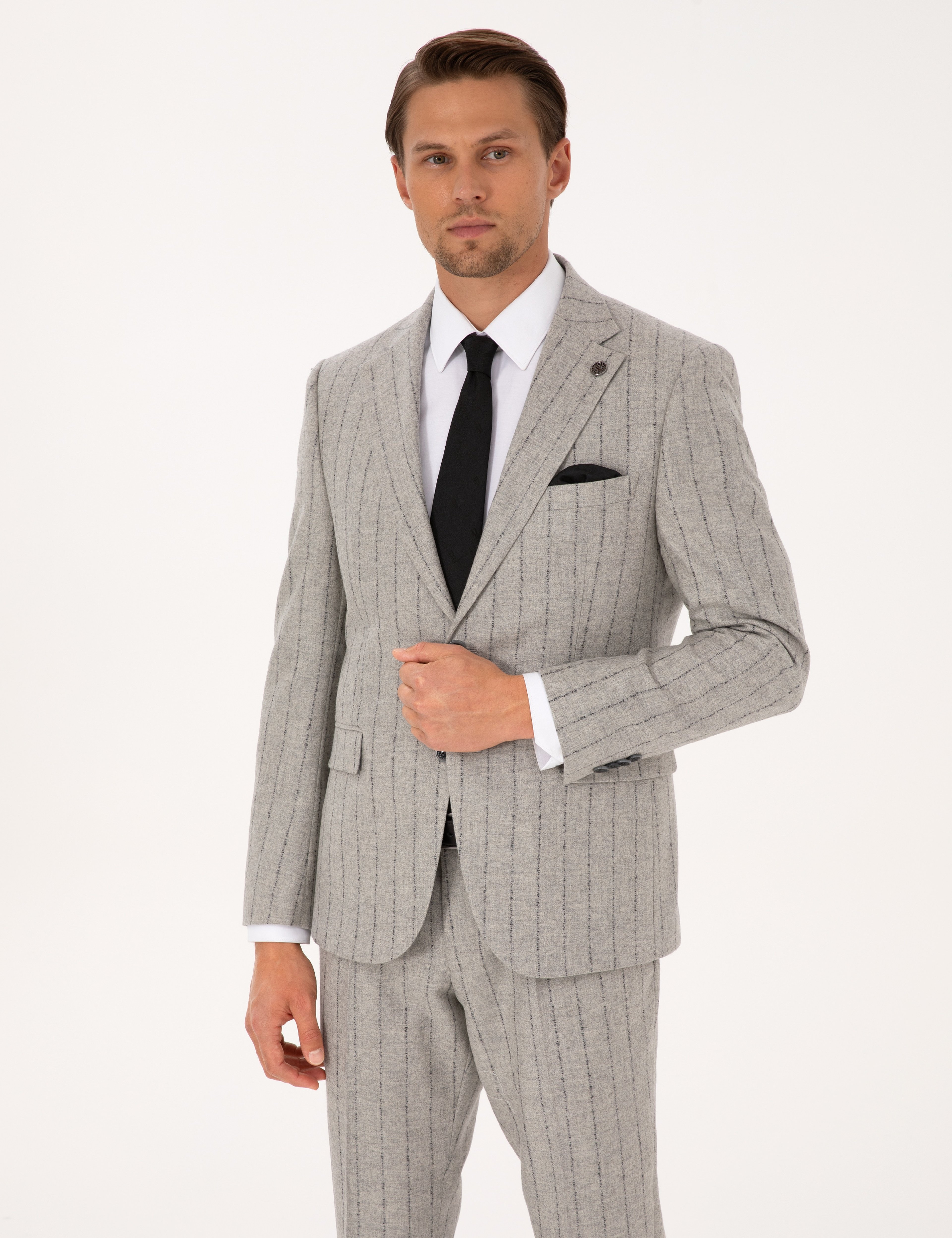 Gri Slim Fit Yün Kaşmir Karışımlı Çizgili Takım Elbise