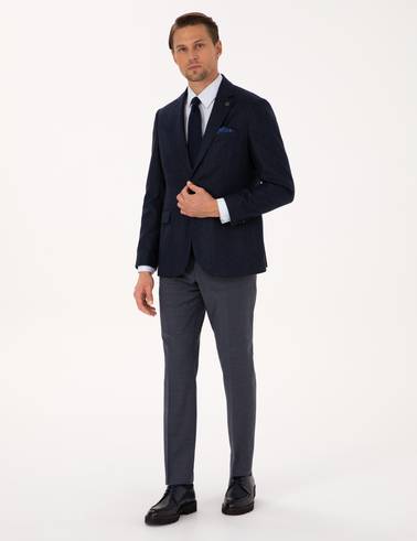 Lacivert Slim Fit Yün İpek Karışımlı Ceket