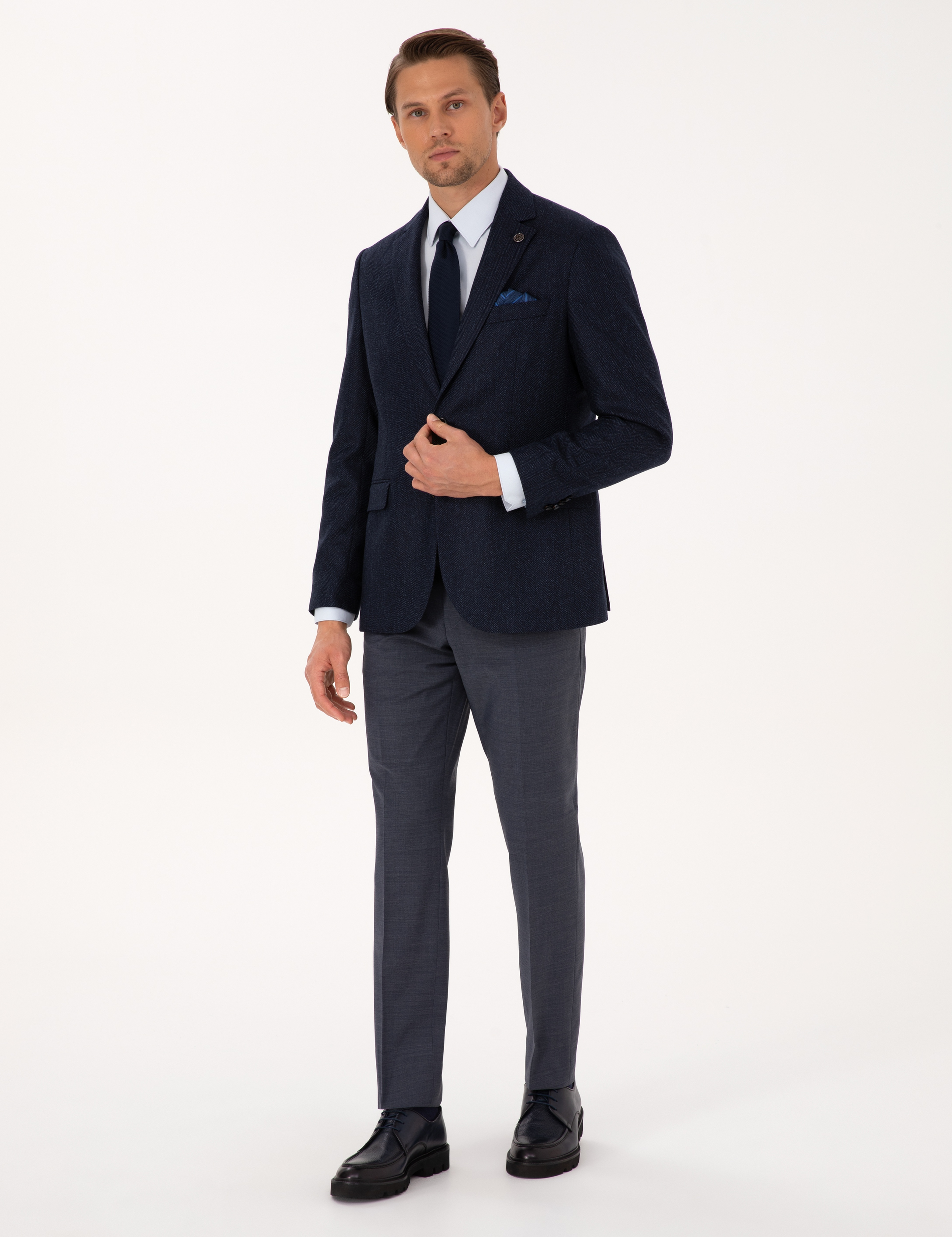 Lacivert Slim Fit Yün İpek Karışımlı Ceket - Image 4