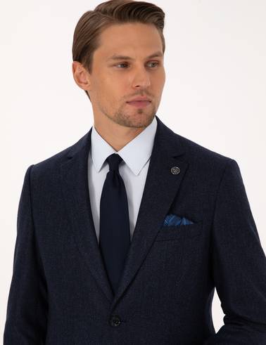 Lacivert Slim Fit Yün İpek Karışımlı Ceket