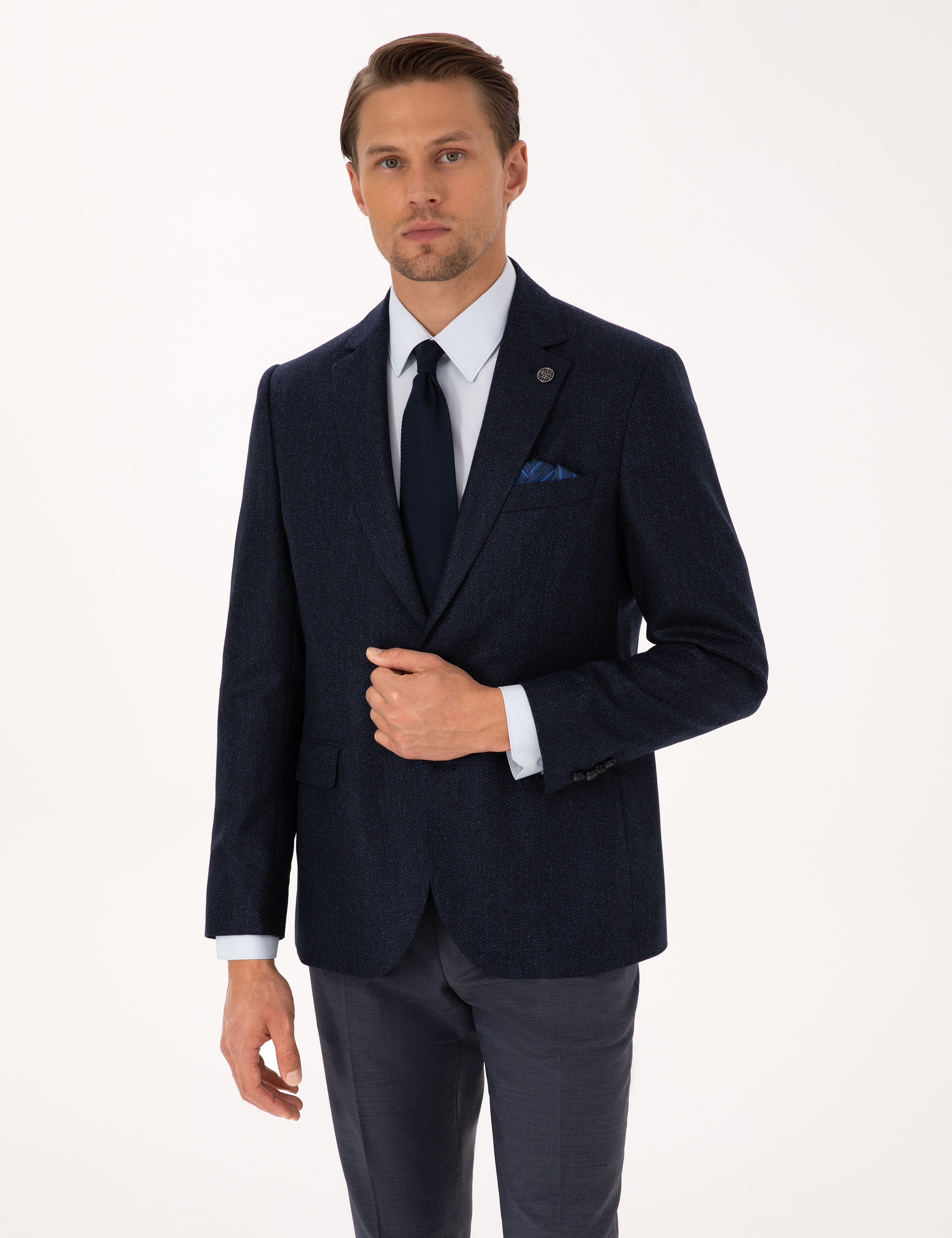 Lacivert Slim Fit Yün İpek Karışımlı Ceket