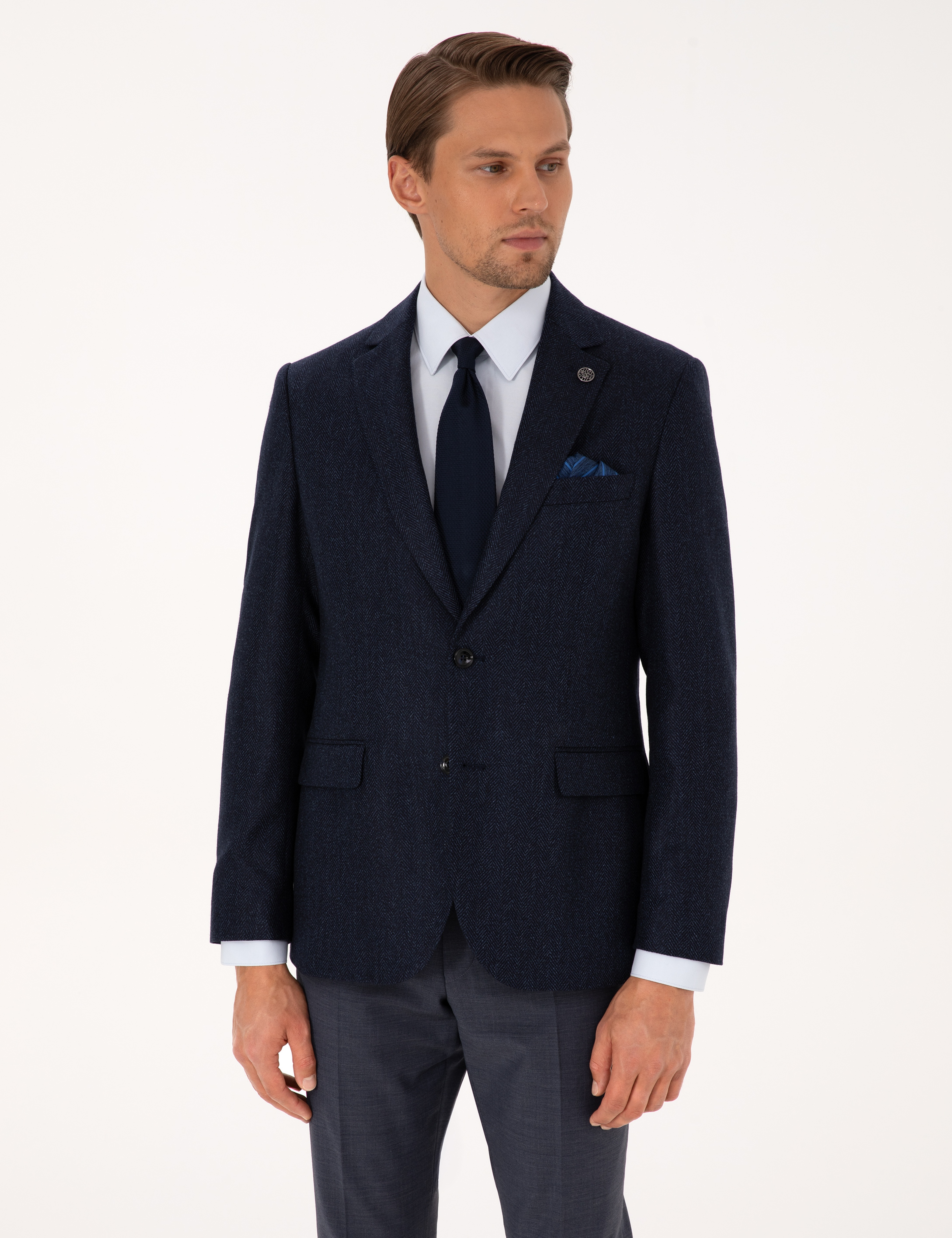 Lacivert Slim Fit Yün İpek Karışımlı Ceket - Image 3