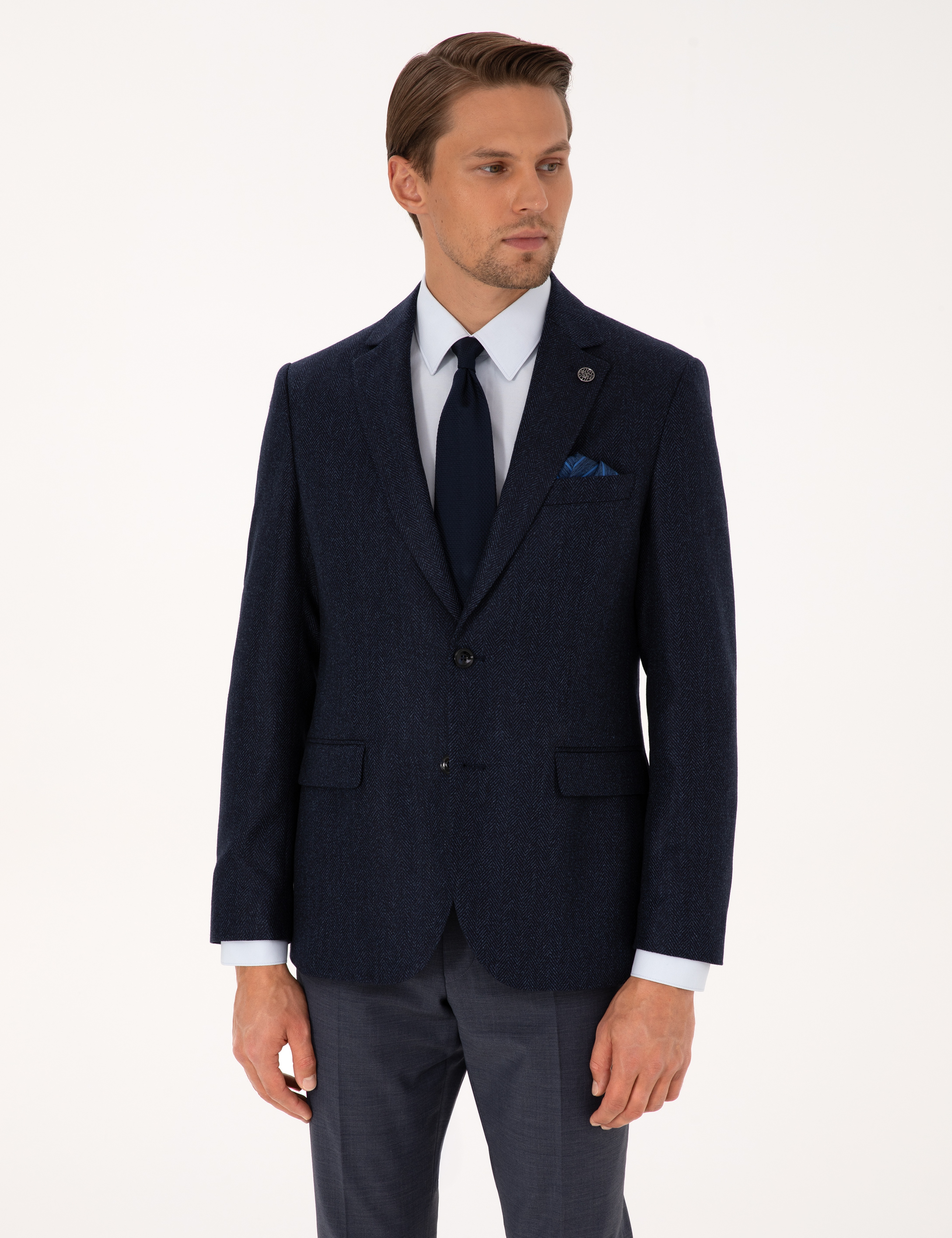 Lacivert Slim Fit Yün İpek Karışımlı Ceket