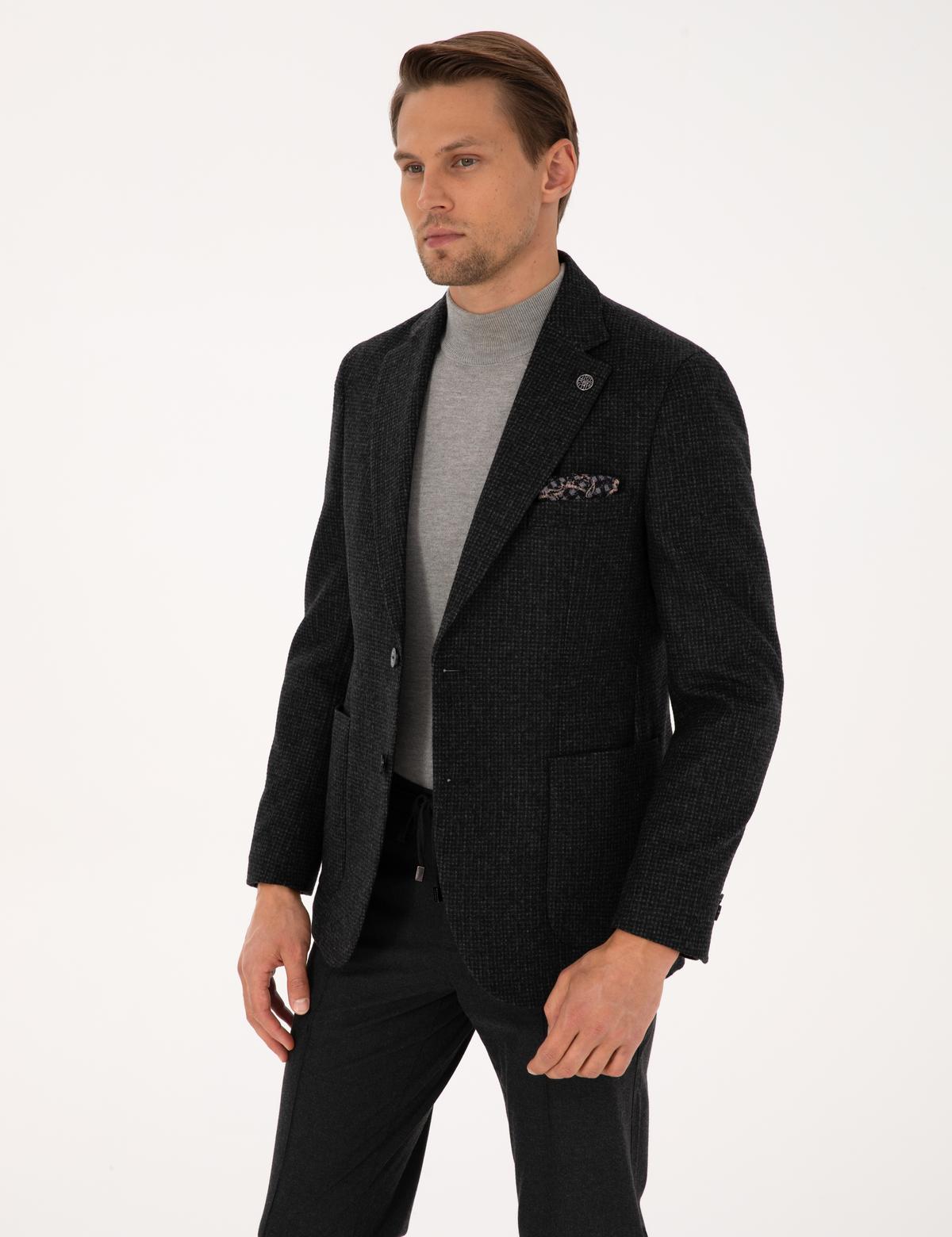 Antrasit Slim Fit Yün Karışımlı Ceket - 50313336017