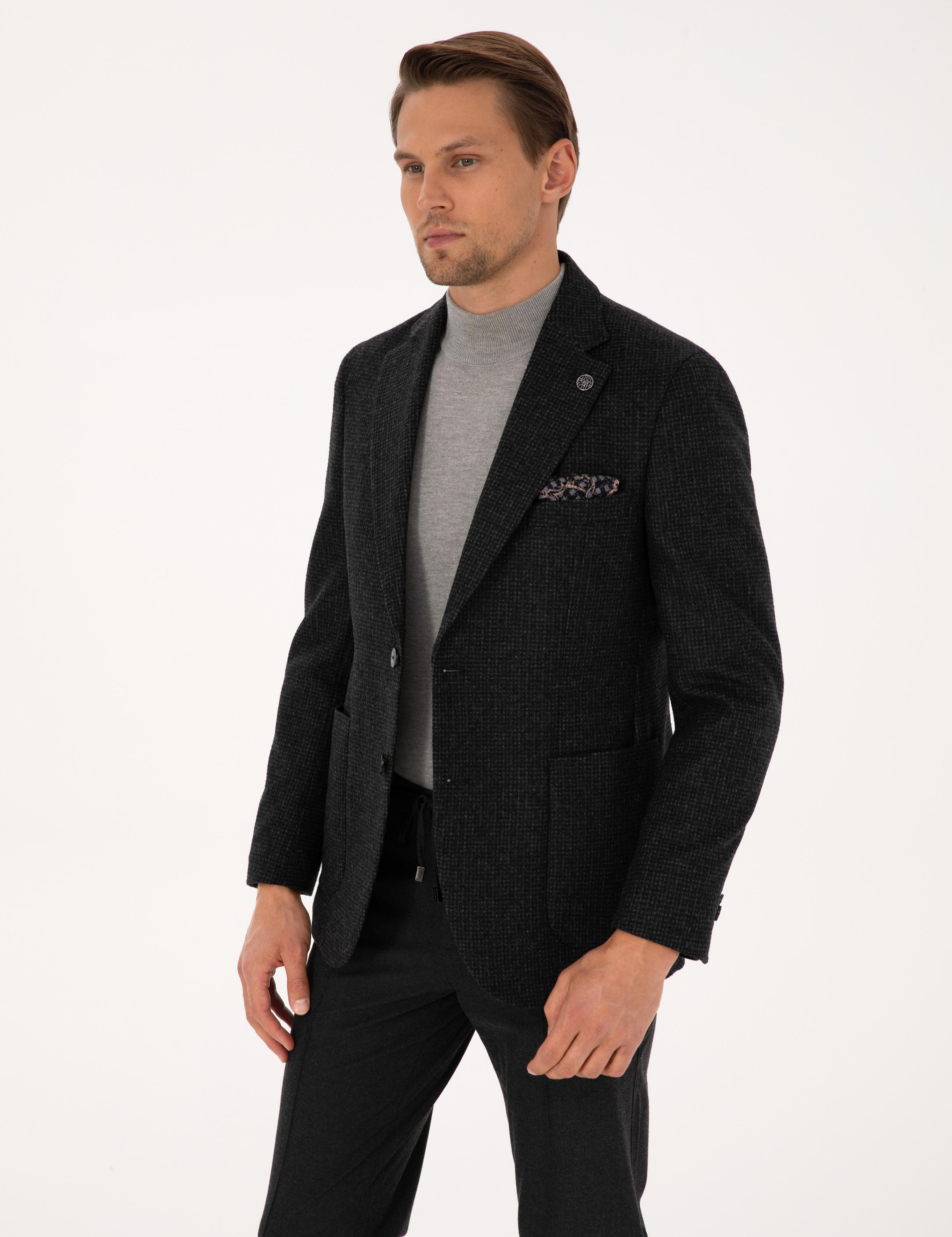 Antrasit Slim Fit Yün Karışımlı Ceket