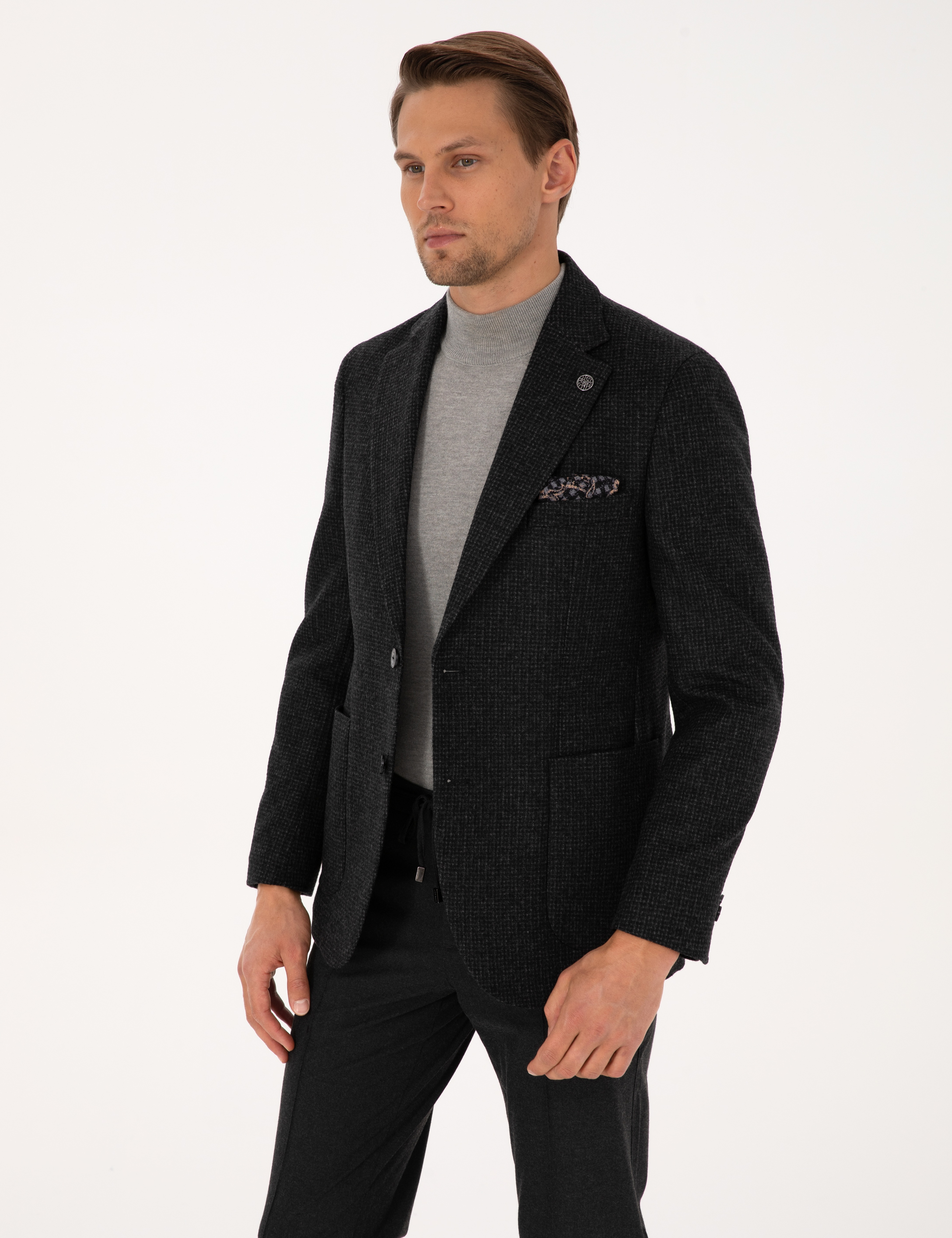Antrasit Slim Fit Yün Karışımlı Ceket