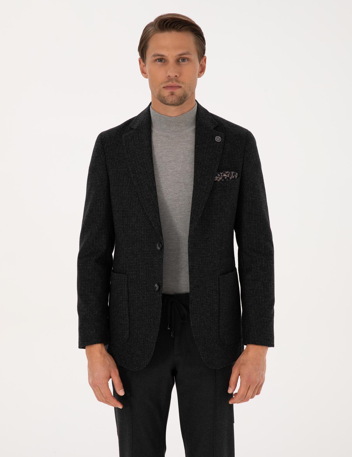 Antrasit Slim Fit Yün Karışımlı Ceket