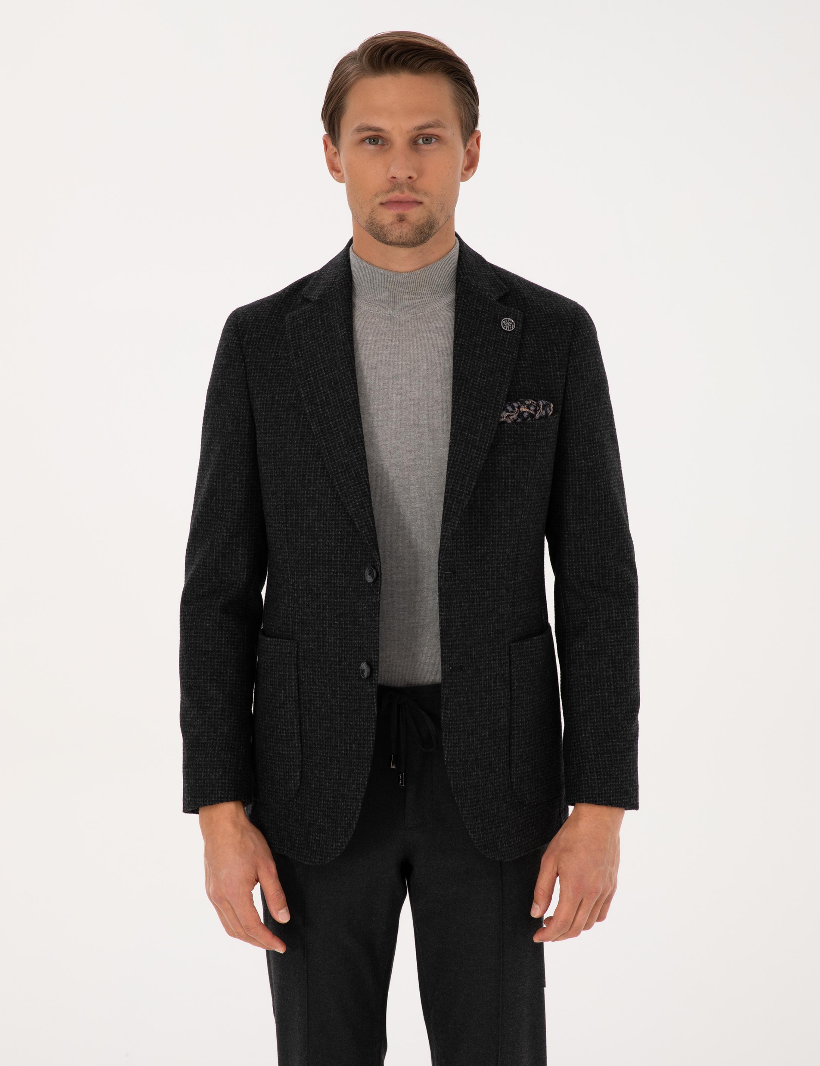 Antrasit Slim Fit Yün Karışımlı Ceket