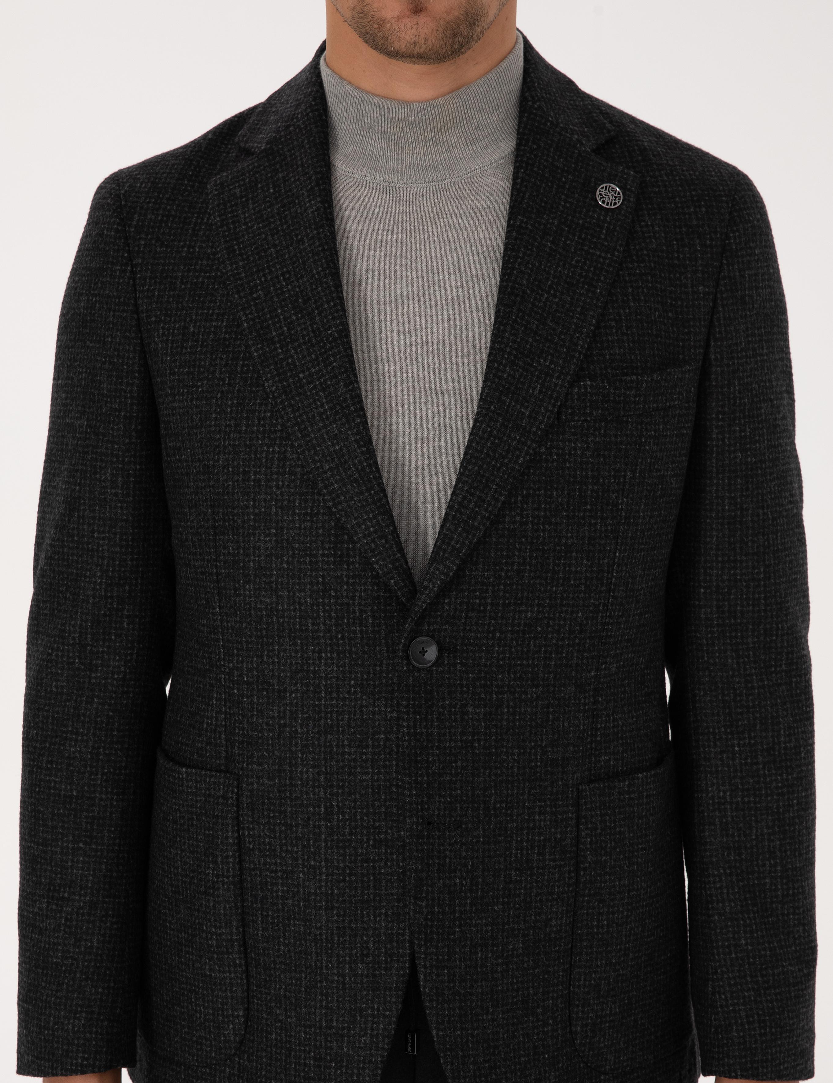 Antrasit Slim Fit Yün Karışımlı Ceket