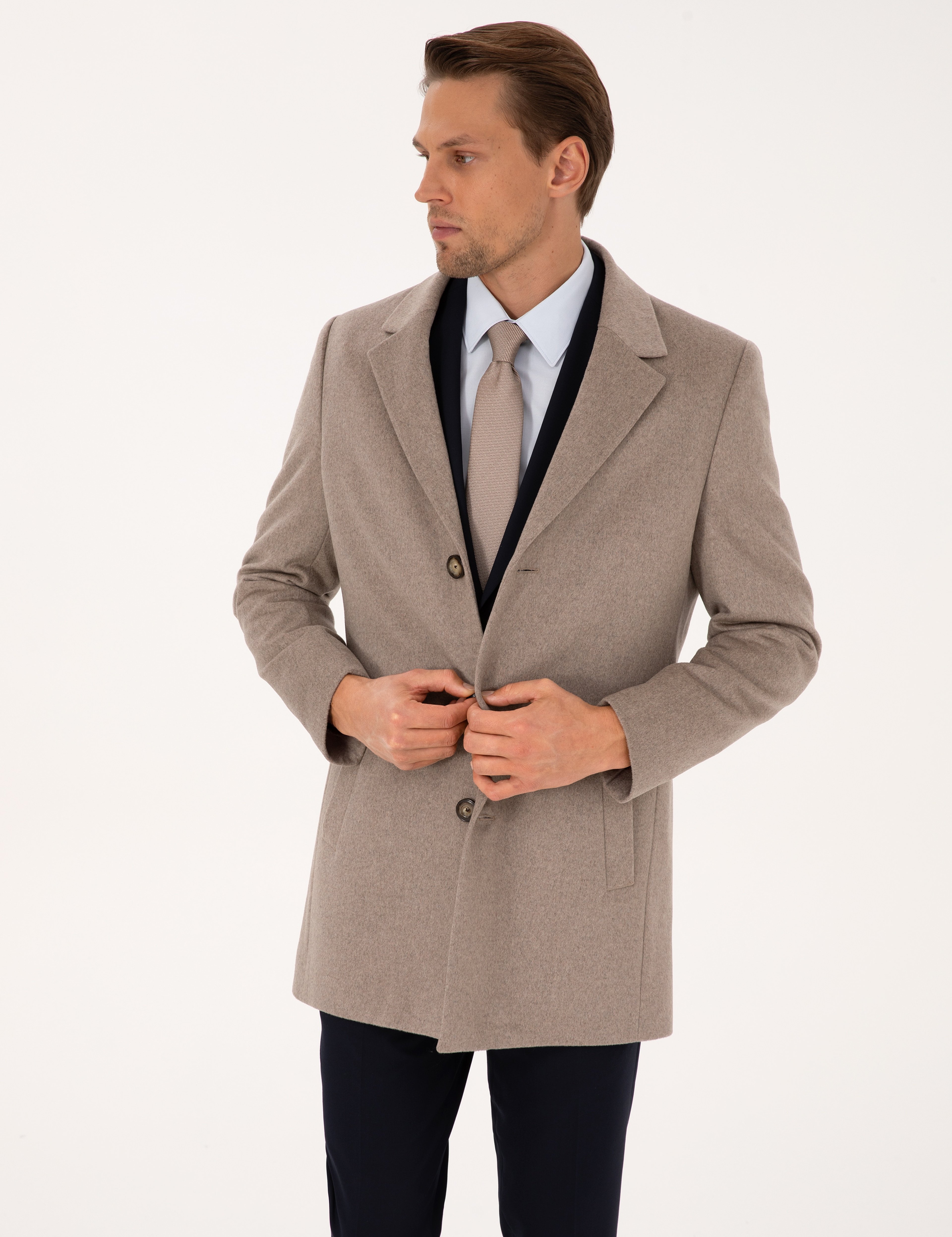 Bej Ex. Slim Fit Yün Karışımlı Kaşe Kaban - Image 3
