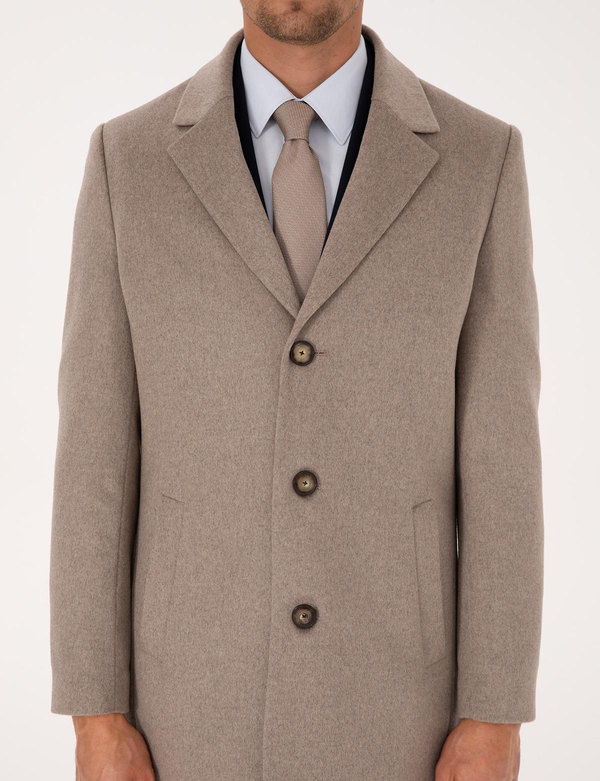 Bej Ex. Slim Fit Yün Karışımlı Kaşe Kaban - 50314200026