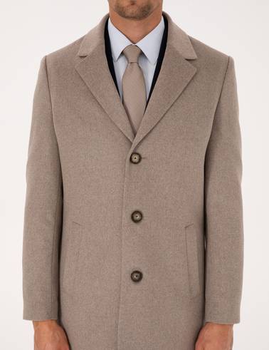 Bej Ex. Slim Fit Yün Karışımlı Kaşe Kaban