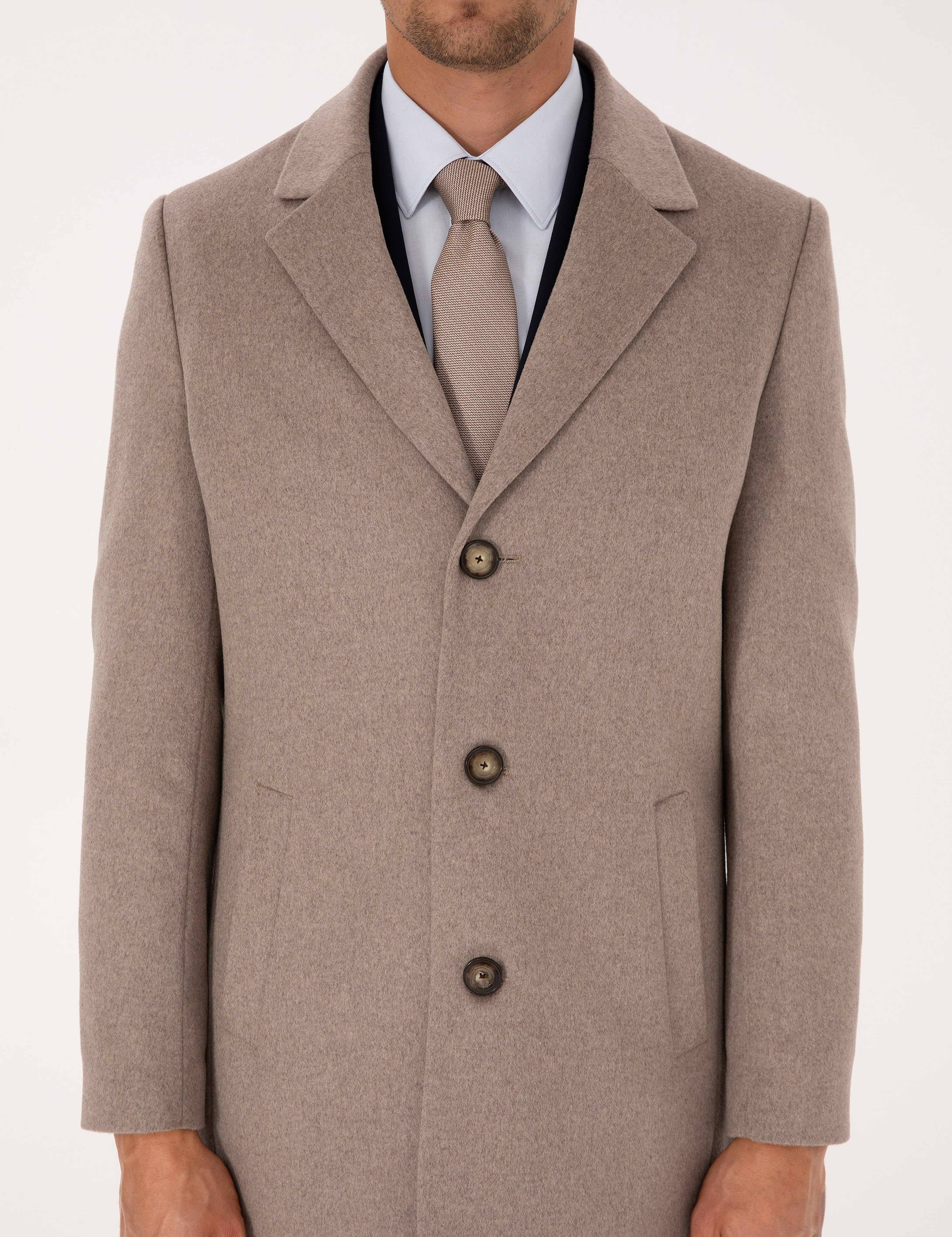 Bej Ex. Slim Fit Yün Karışımlı Kaşe Kaban - Image 7