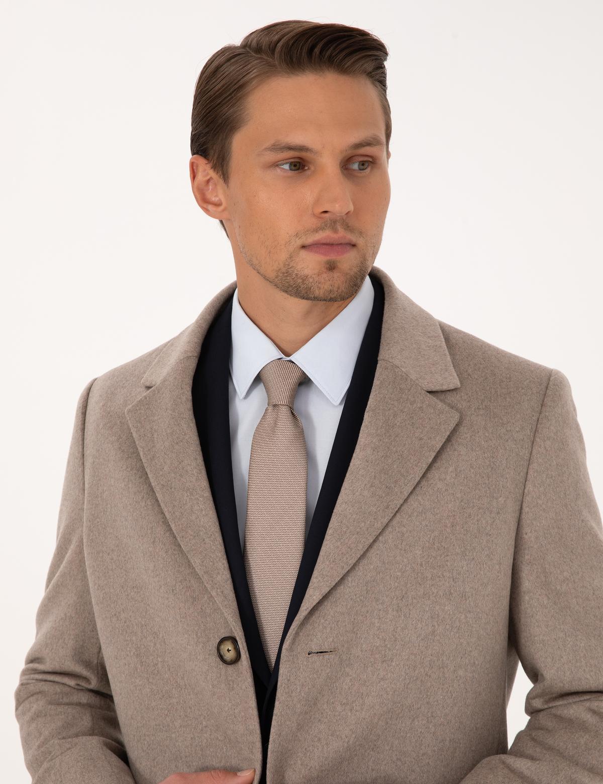 Bej Ex. Slim Fit Yün Karışımlı Kaşe Kaban - 50314200026