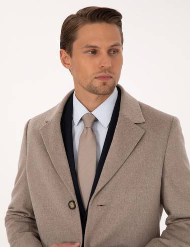 Bej Ex. Slim Fit Yün Karışımlı Kaşe Kaban