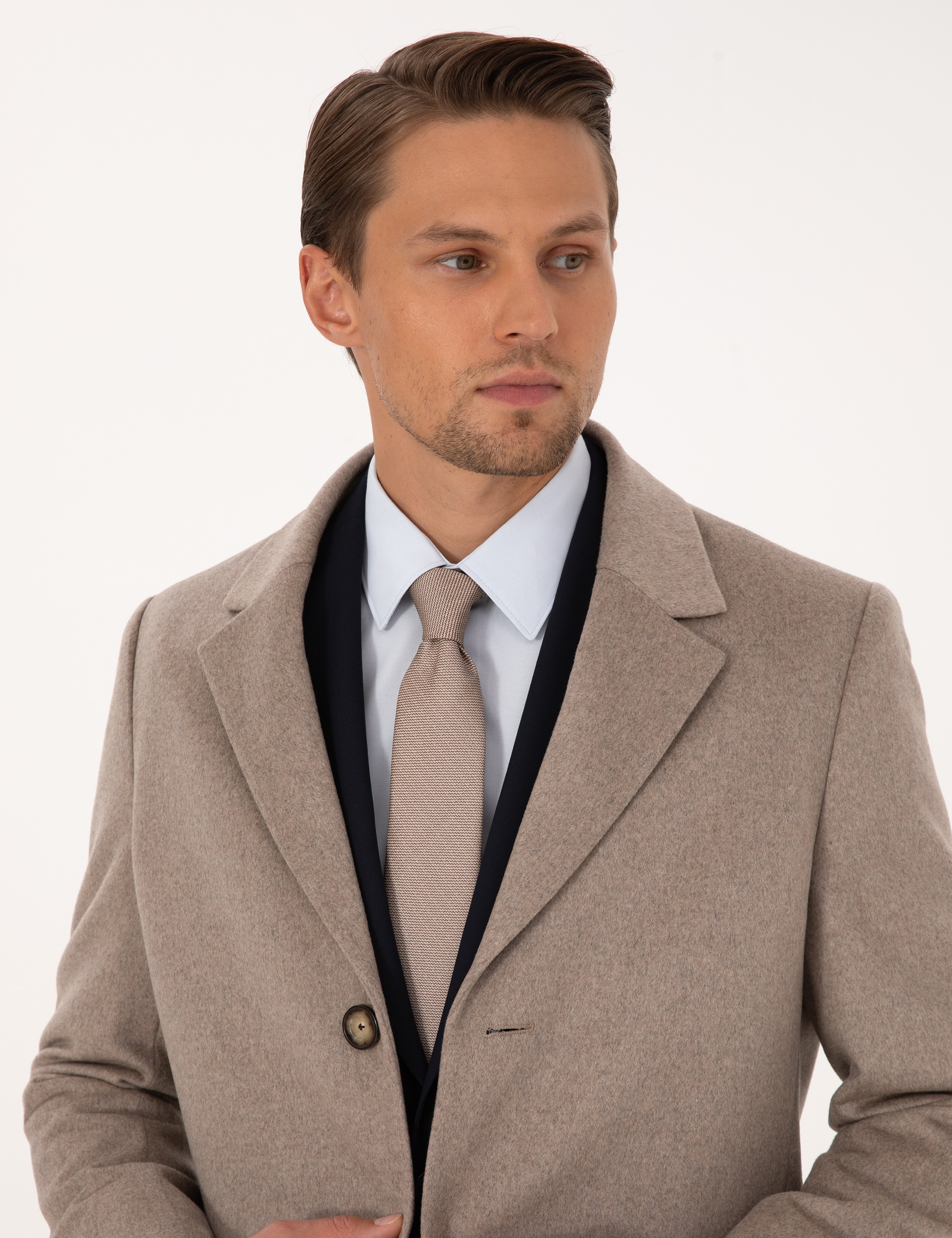 Bej Ex. Slim Fit Yün Karışımlı Kaşe Kaban - Image 2