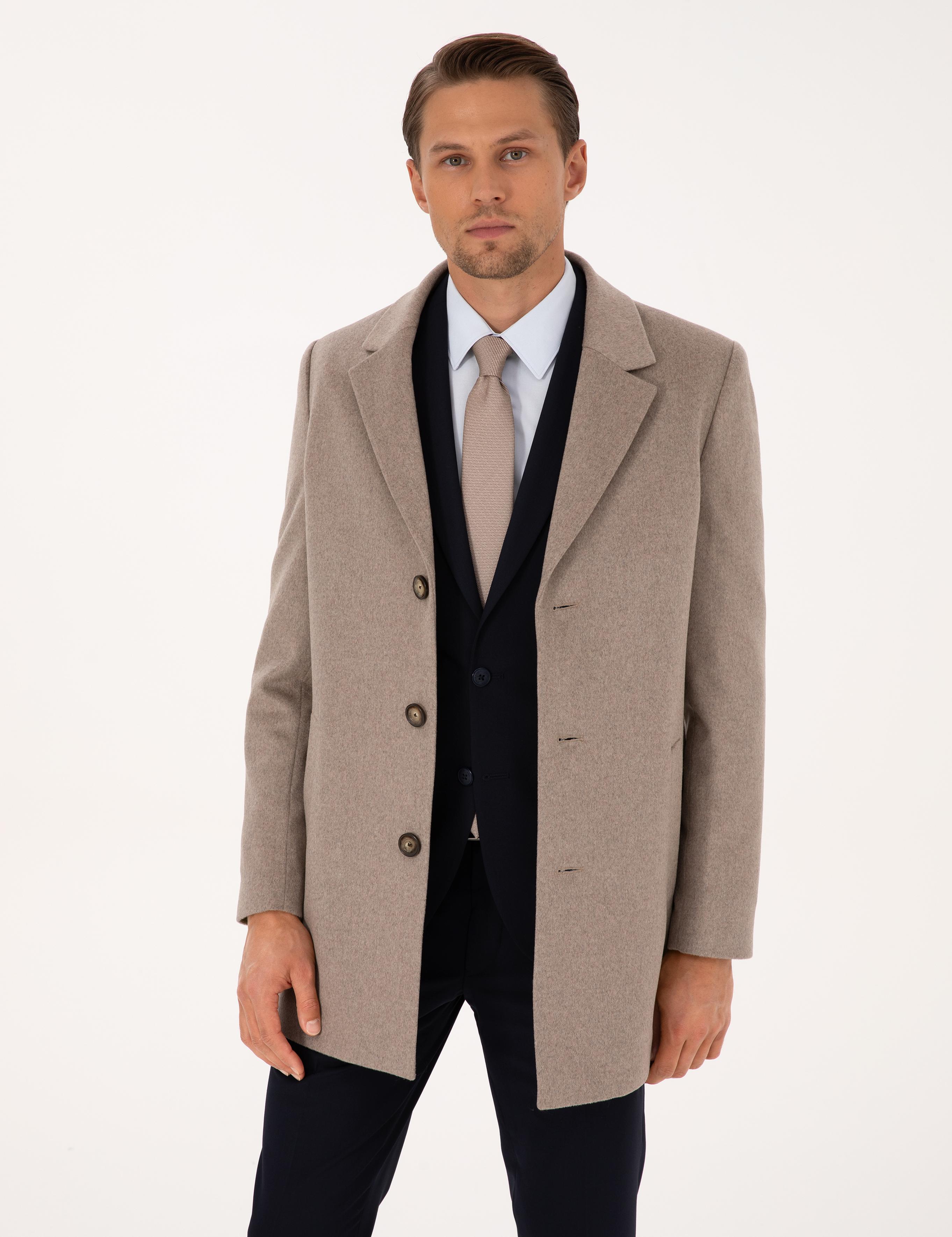 Bej Ex. Slim Fit Yün Karışımlı Kaşe Kaban