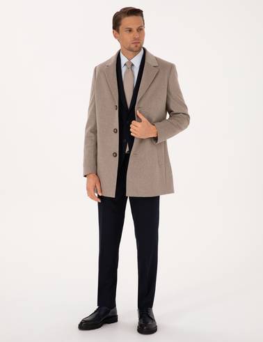 Bej Ex. Slim Fit Yün Karışımlı Kaşe Kaban