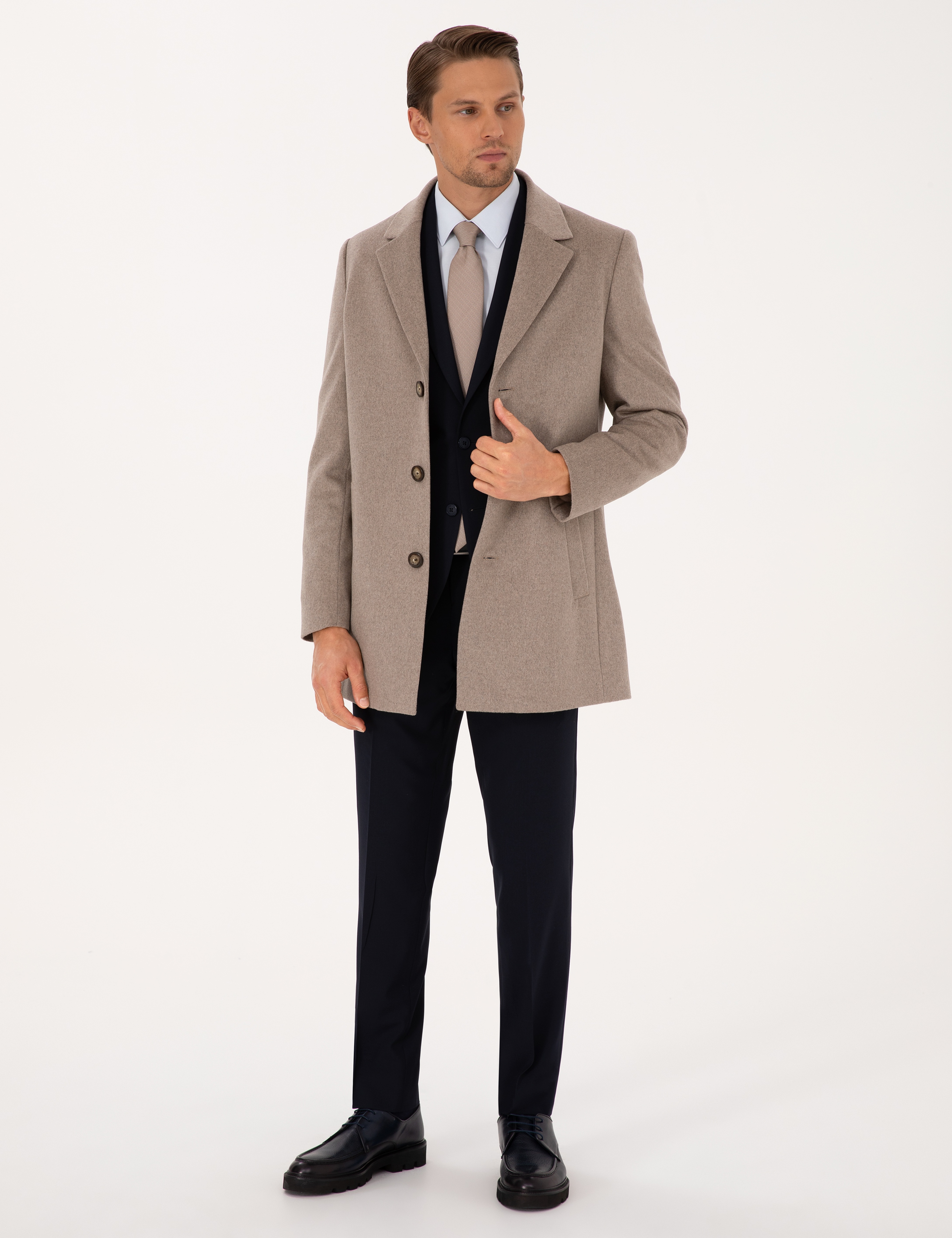 Bej Ex. Slim Fit Yün Karışımlı Kaşe Kaban - Image 4
