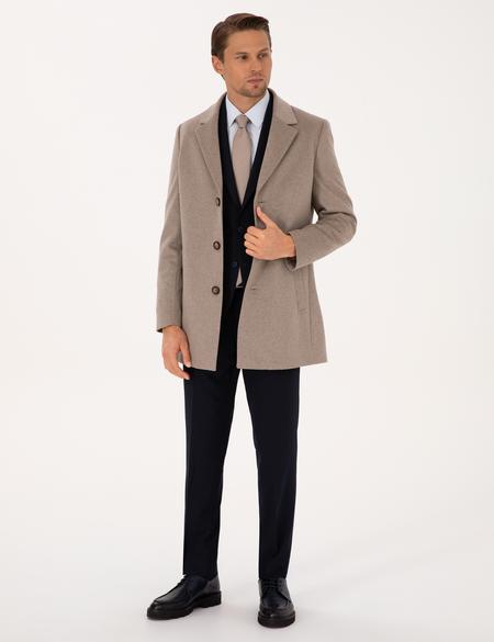 Bej Ex. Slim Fit Yün Karışımlı Kaşe Kaban - 50314200026