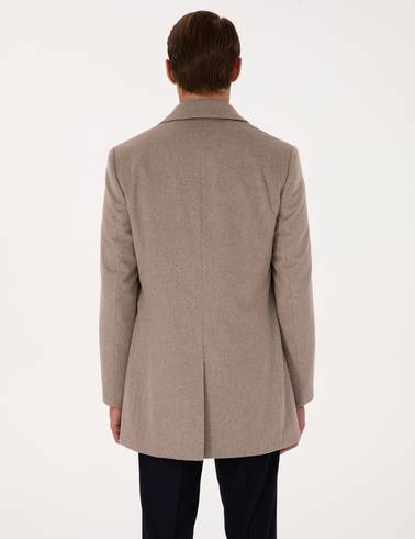Bej Ex. Slim Fit Yün Karışımlı Kaşe Kaban