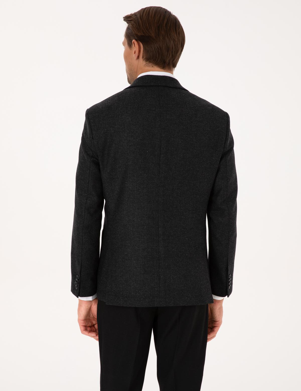 Antrasit Slim Fit Yün Karışımlı Balıksırtı Ceket - 50311215047